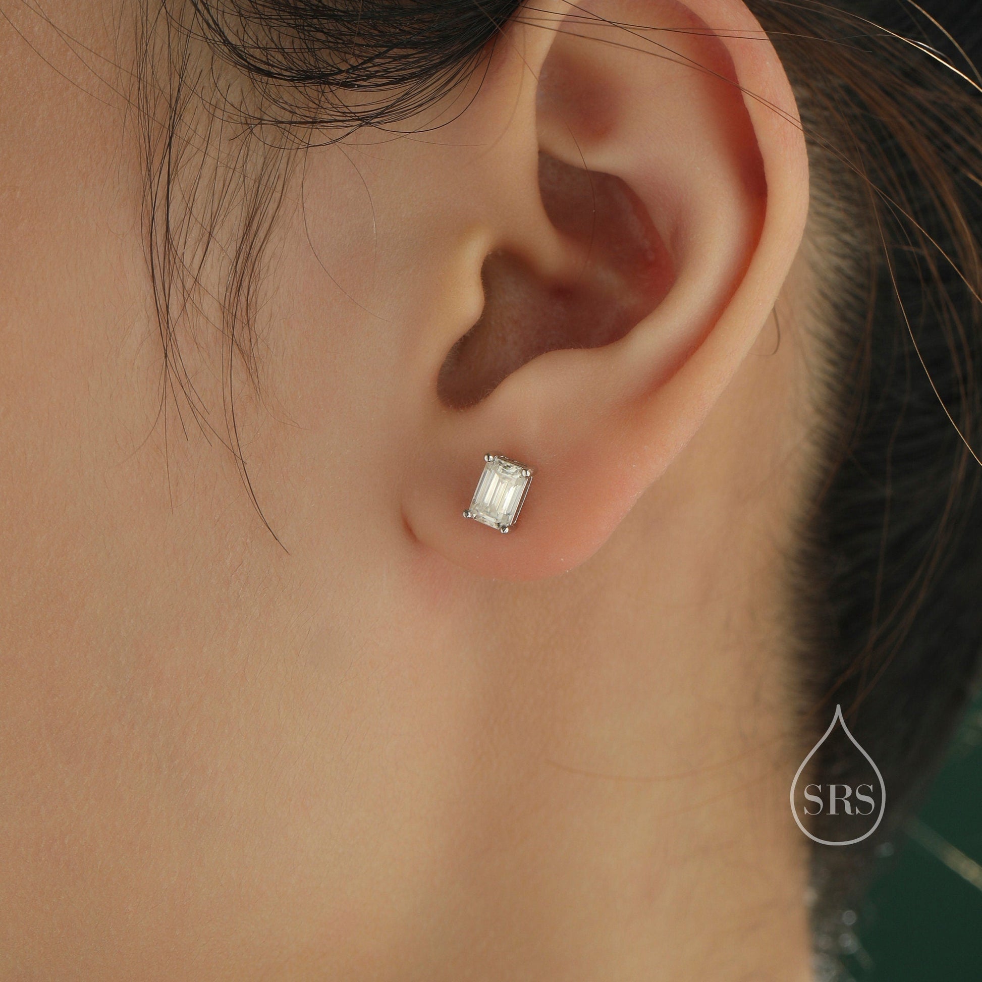 0.8Ct Emerald Cut Moissanite Diamond Stud Earrings in Sterling Silver, Emerald Cut Earrings, 4x6mm, Four Prong Set, Rectangular Moissanite