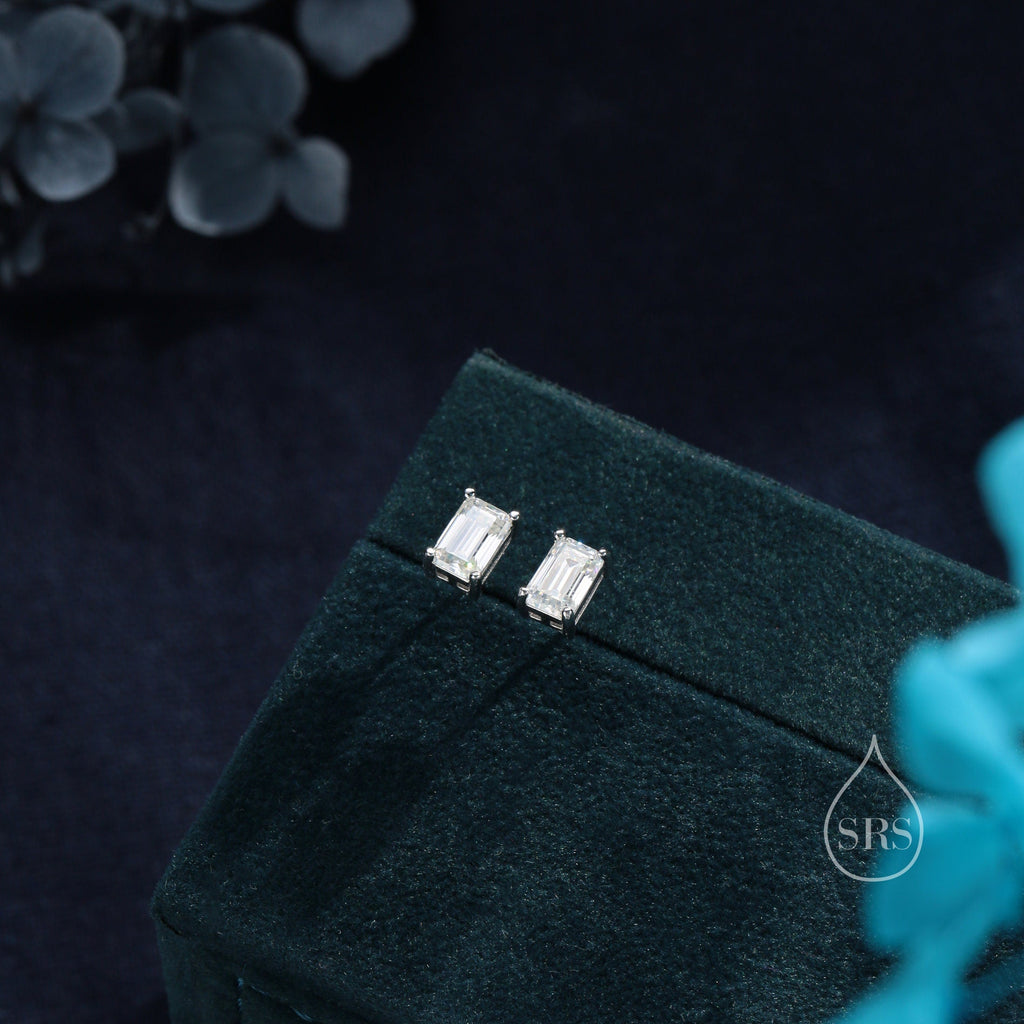 0.8Ct Emerald Cut Moissanite Diamond Stud Earrings in Sterling Silver, Emerald Cut Earrings, 4x6mm, Four Prong Set, Rectangular Moissanite