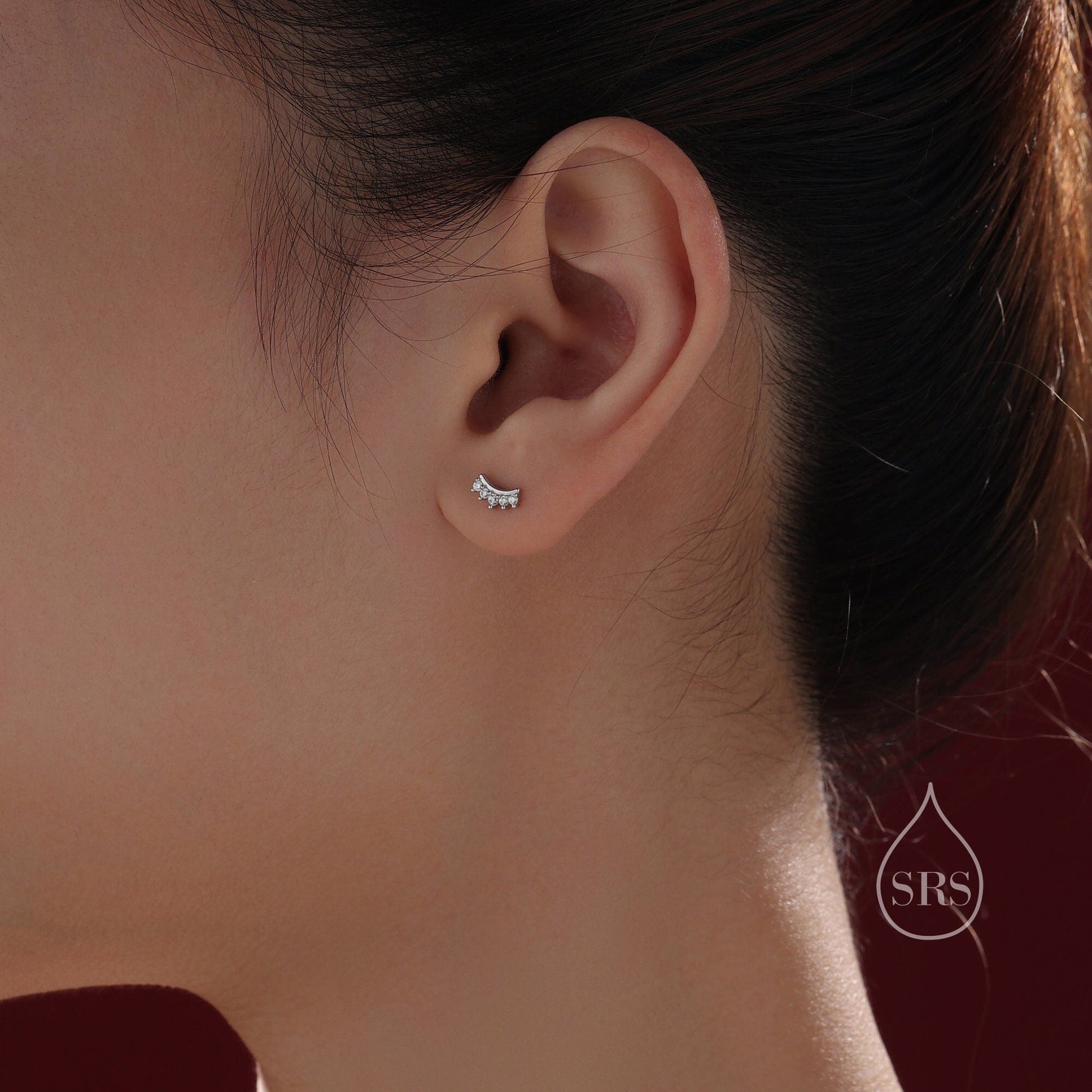 Extra Tiny Curved Bar CZ Internally Flat Back /Stud Earrings / Screw Back Earrings in Sterling Silver, Silver or Gold