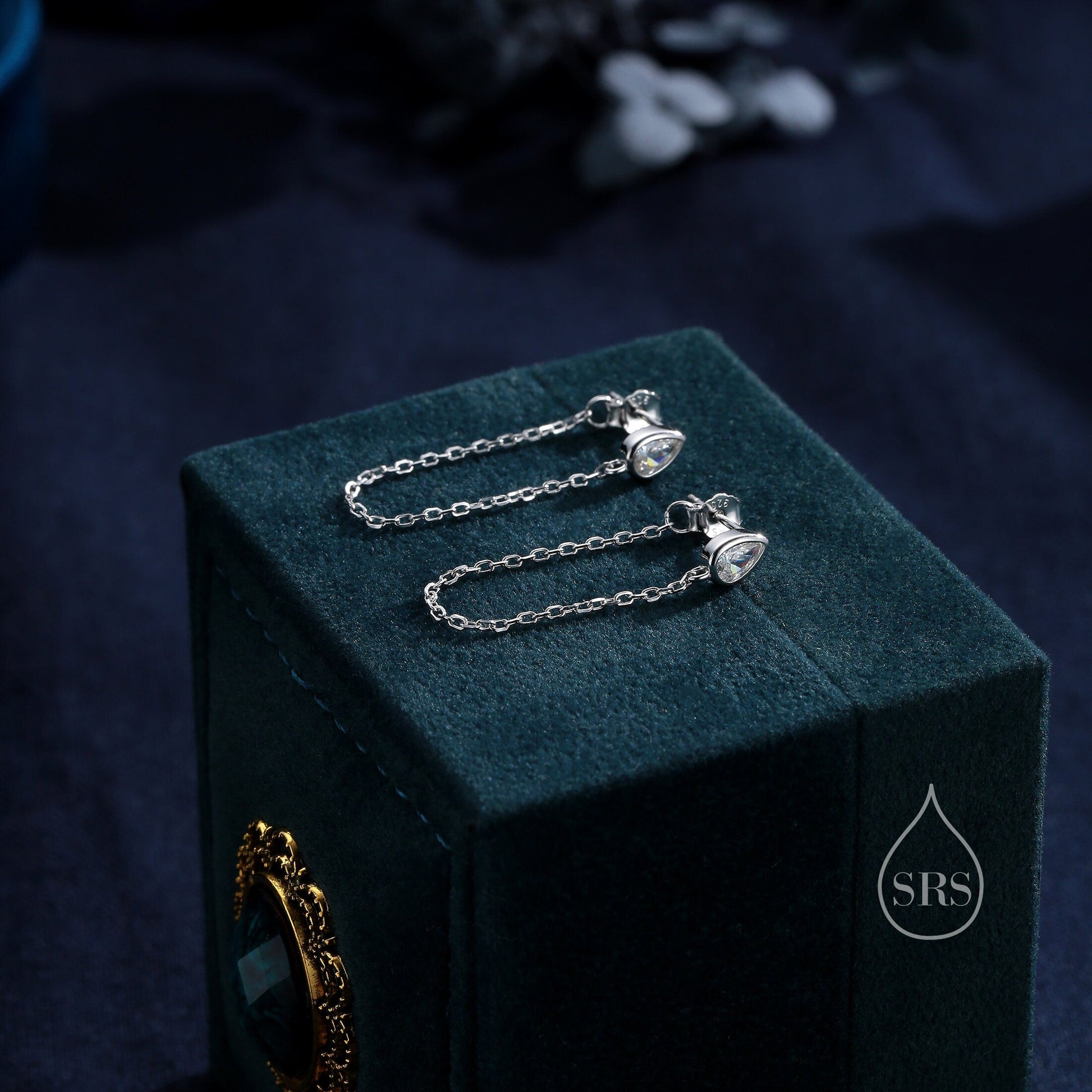 Tiny Droplet CZ Dangle Chain Stud Earrings in Sterling Silver, Silver or Gold, Pear Shape Ear Jacket, Front and Back Earrings