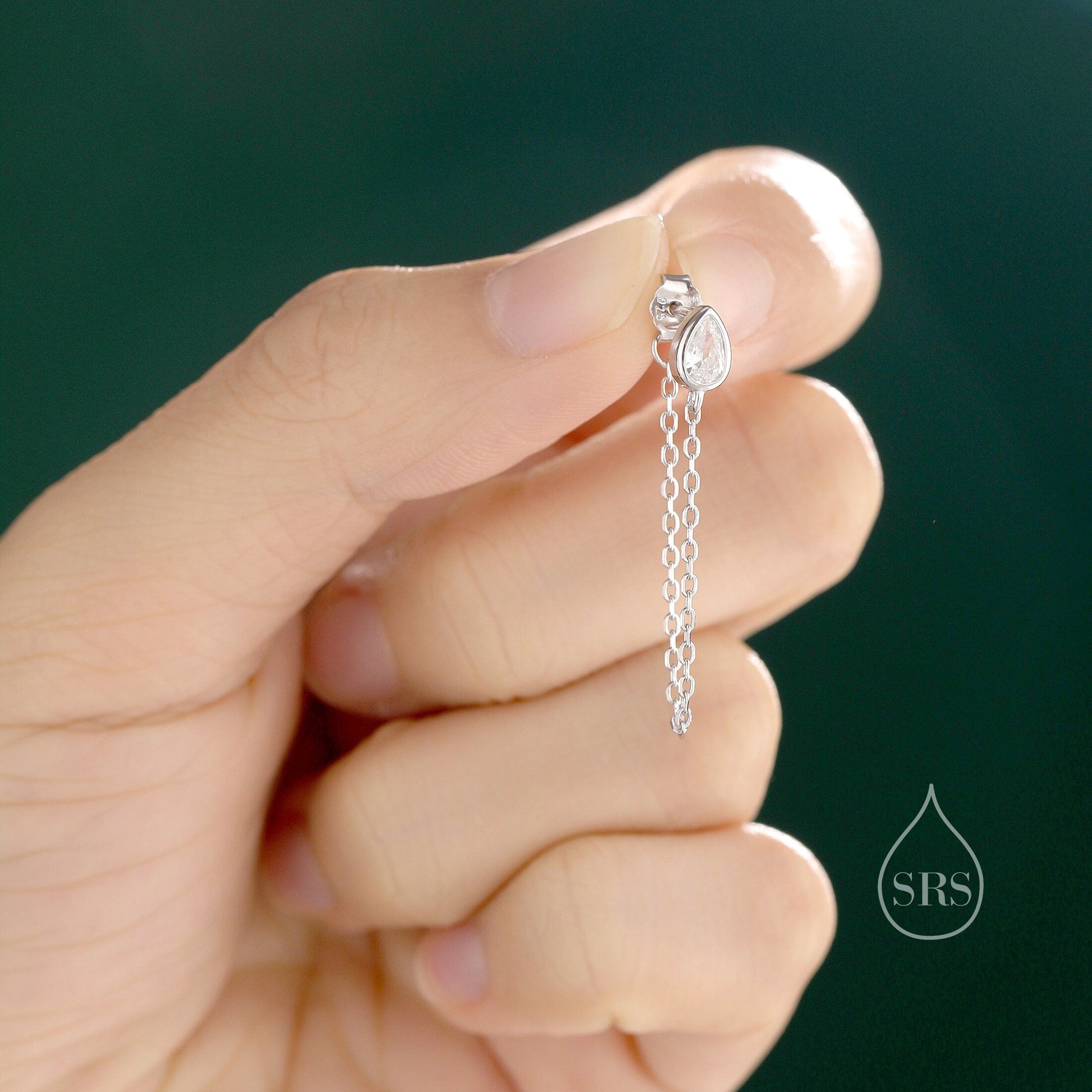 Tiny Droplet CZ Dangle Chain Stud Earrings in Sterling Silver, Silver or Gold, Pear Shape Ear Jacket, Front and Back Earrings