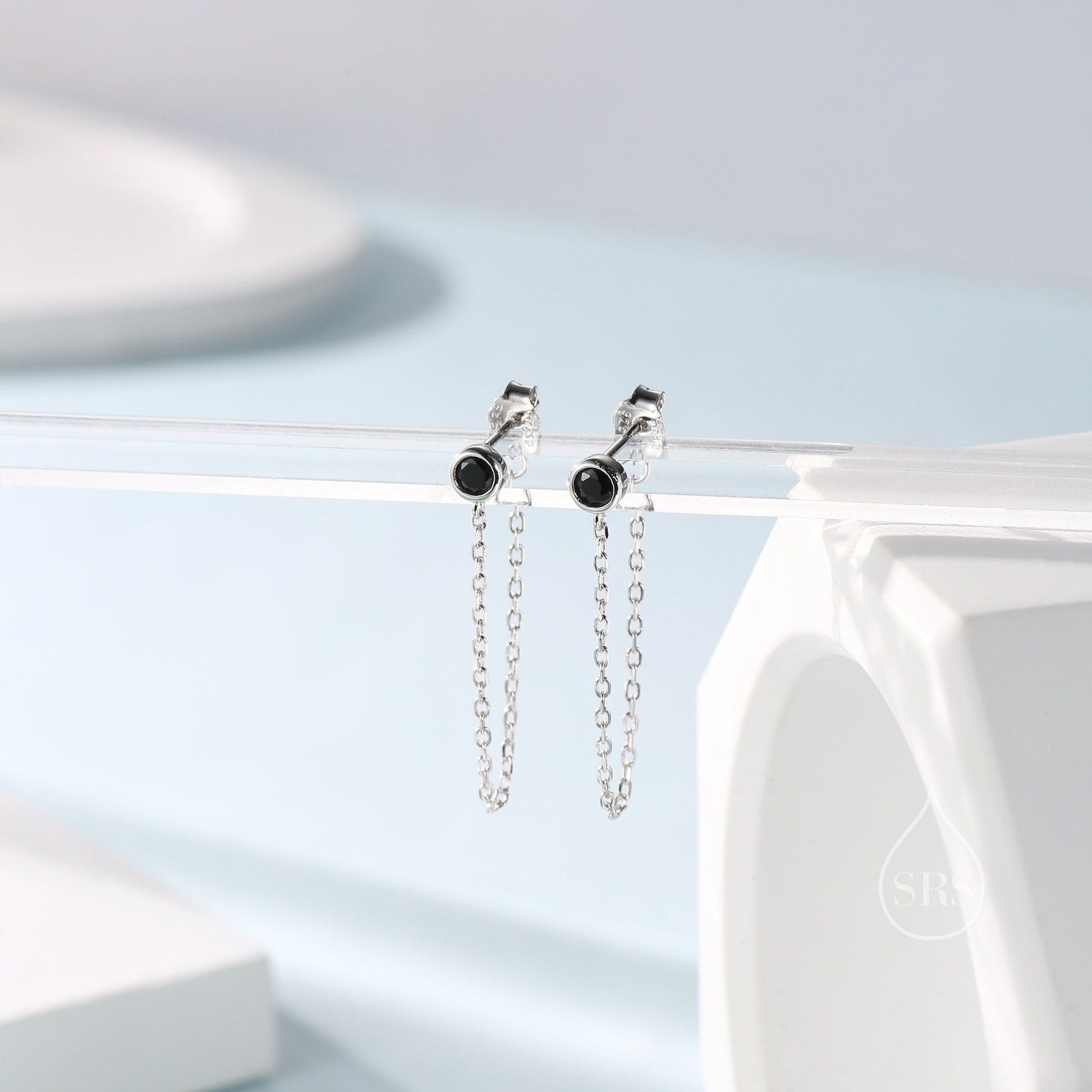 Black CZ Chain Ear Jacket in Sterling Silver,  Silver or Gold, Front and Back Earrings, Two Part Earrings, Linking Chain Earrings