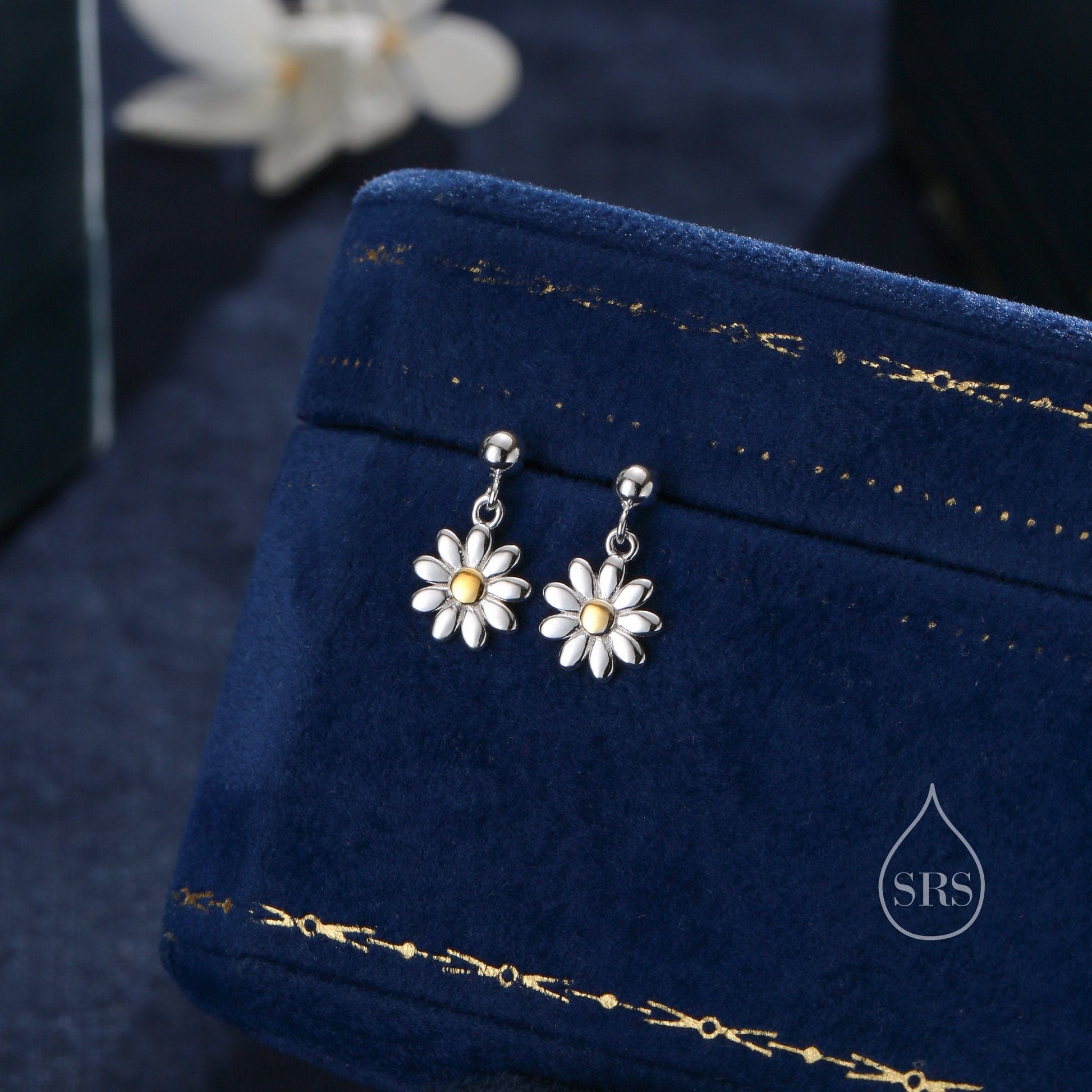 Sterling Silver Daisy Drop Stud Earrings, Delicate Dainty Dangle Daisy Flower Earrings