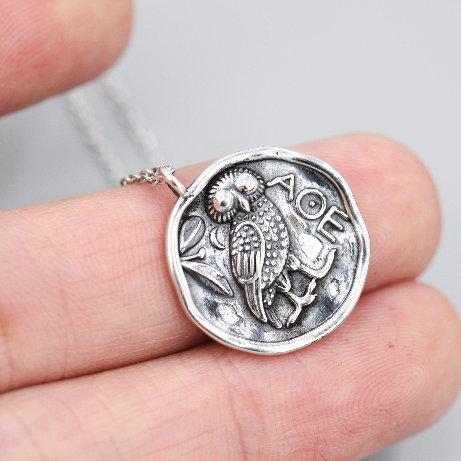 Sterling Silver Oxidised Greek Coin Pendant Necklace - Owl Coin Necklace, Owl of Athena Coin Necklace in Silver, Ancient Greek Coin Inspired .Bird necklace