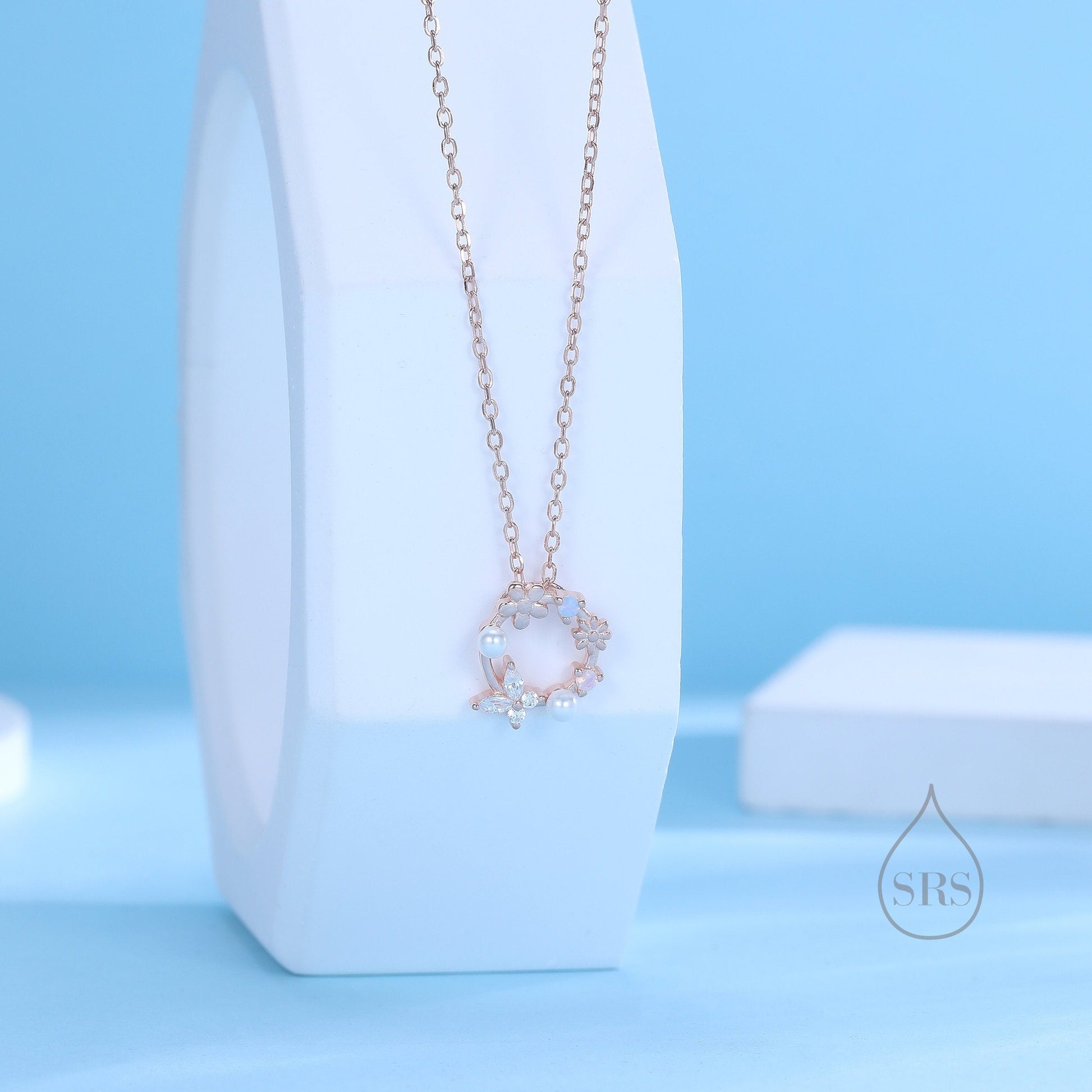 Tiny Flower Wreath Stud Earrings and Necklace Set in Sterling Silver, Silver or Gold or Rose Gold, Gift Set with One Gift Box Packing
