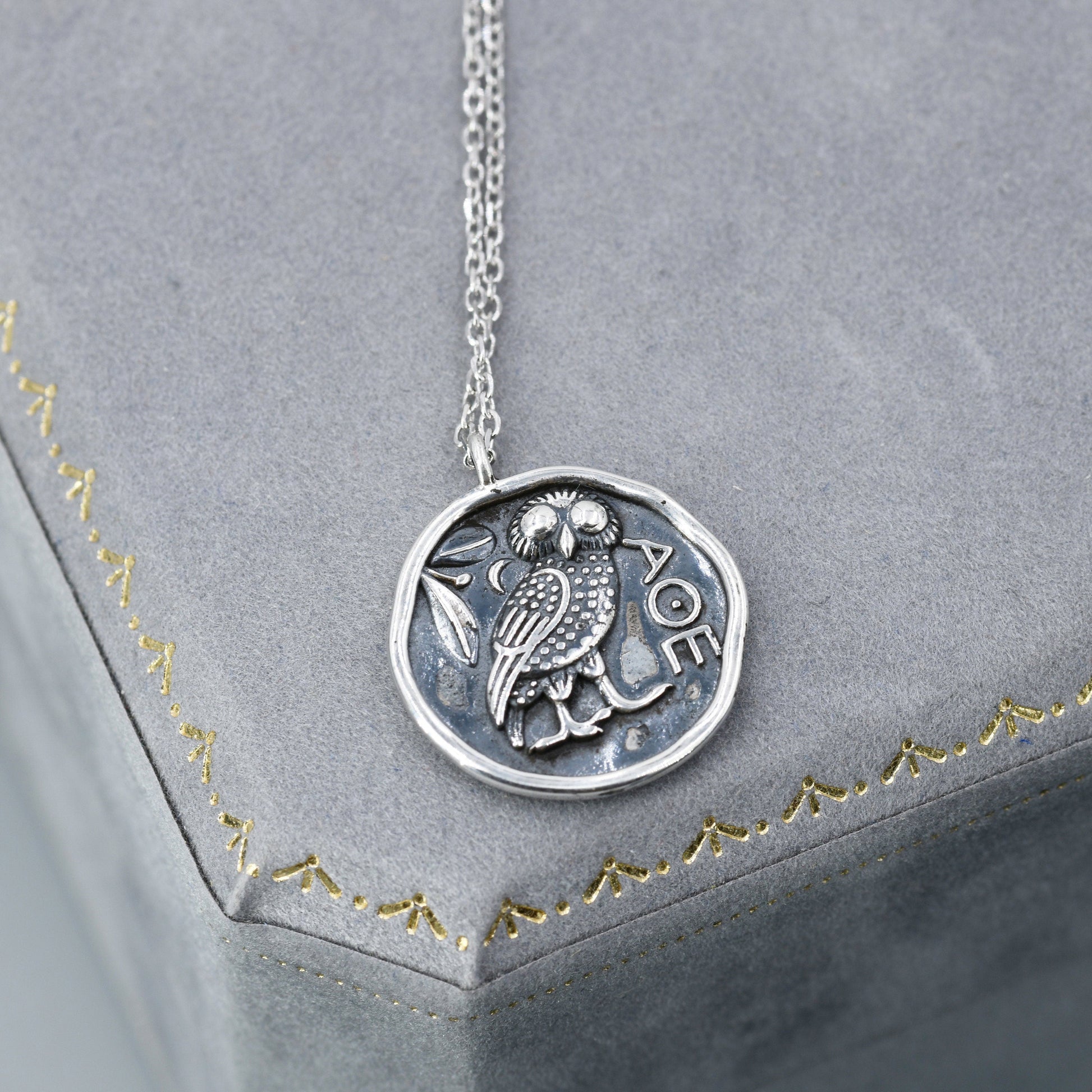 Sterling Silver Oxidised Greek Coin Pendant Necklace - Owl Coin Necklace, Owl of Athena Coin Necklace in Silver, Ancient Greek Coin Inspired .Bird necklace
