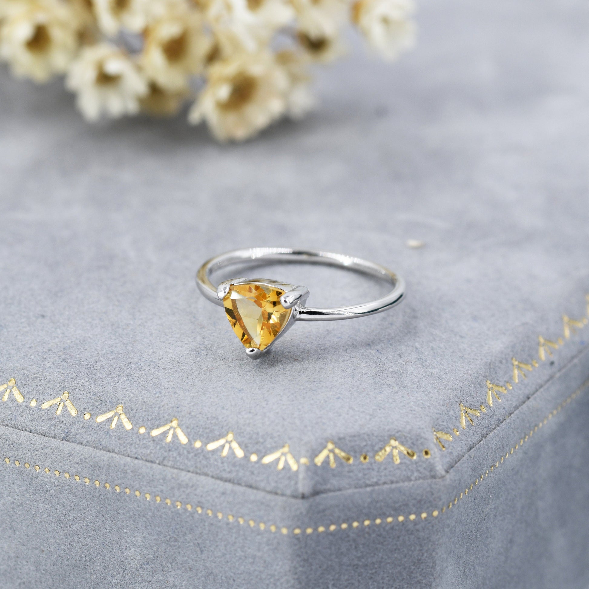 Genuine Yellow Citrine Ring in Sterling Silver, US 5-8, Natural Trillion Cut Citrine Ring, Stacking Rings,