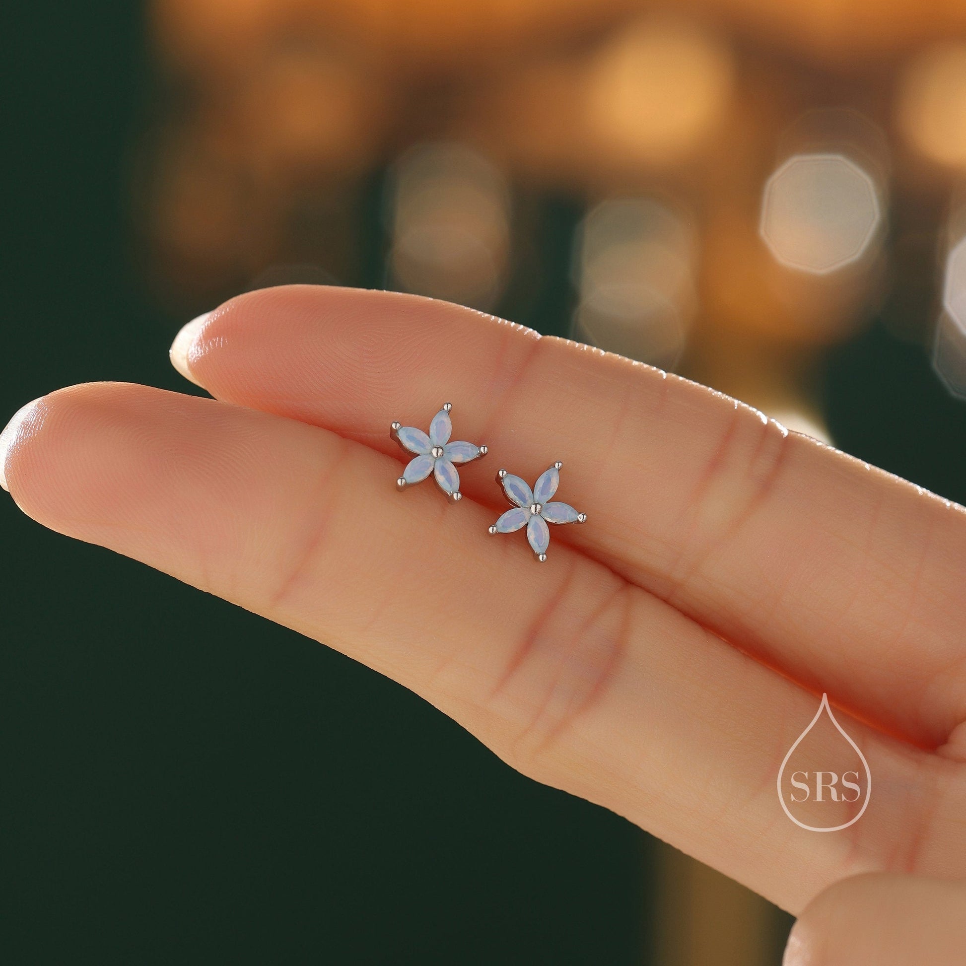 Opal Blue CZ Flower Internally Threaded Flat Back/ Screw Back/ Stud Earrings in Sterling Silver, Silver or Gold,  Forget Me Not Flower Stud