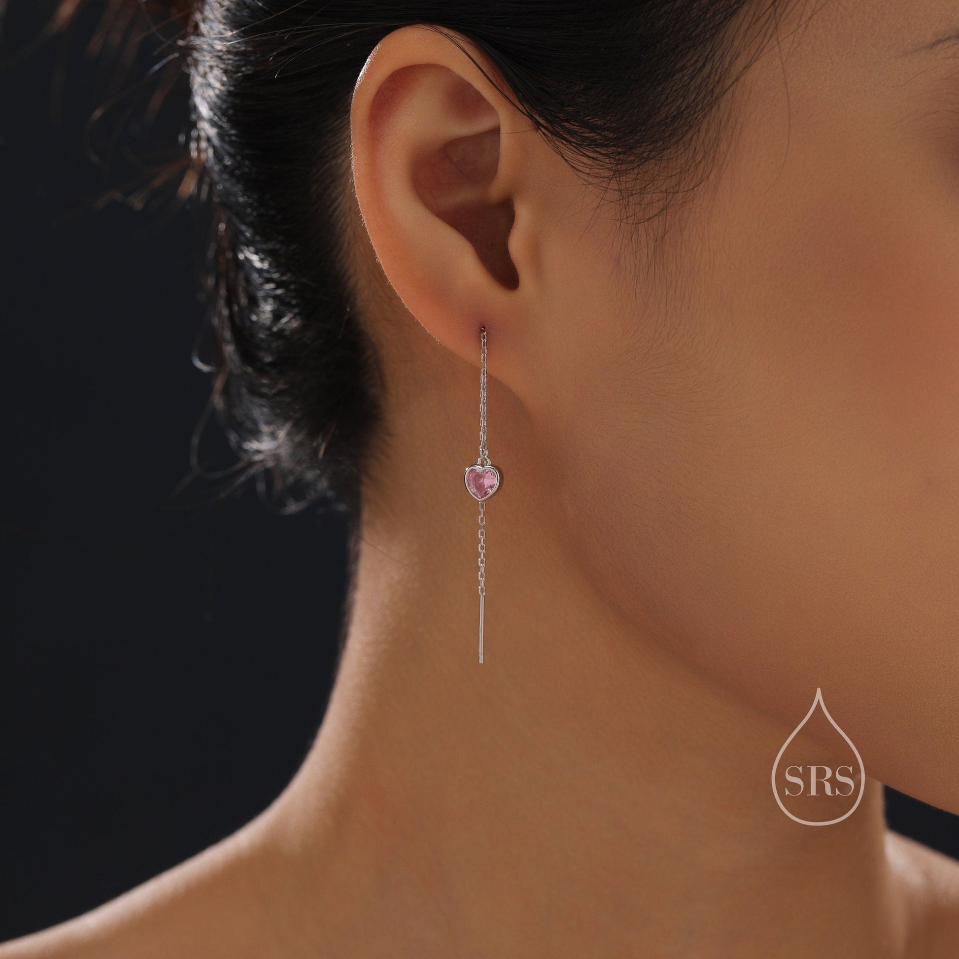 Tiny Pink CZ Heart Threader Earrings in Sterling Silver, 9cm, Silver or Gold, Dainty Heart Ear Threaders, Delicate Heart Threaders