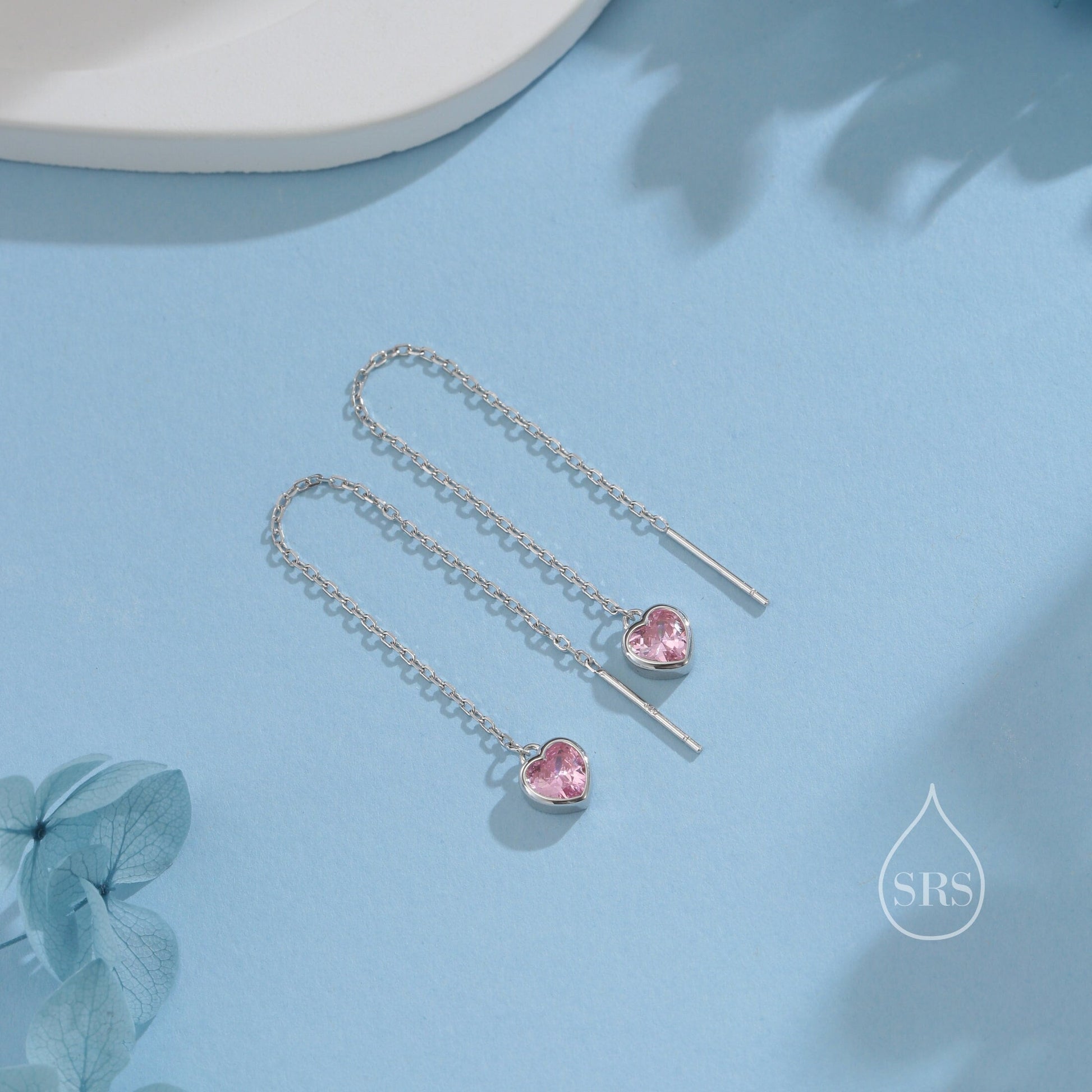 Tiny Pink CZ Heart Threader Earrings in Sterling Silver, 9cm, Silver or Gold, Dainty Heart Ear Threaders, Delicate Heart Threaders