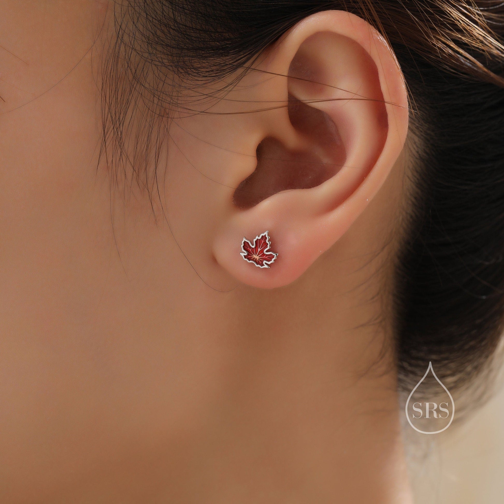 Mismatched Enamel Maple Leaf and Oak Leaf Stud Earrings in Sterling Silver, Petite Asymmetric Oak Leaf and Maple Leaf Earrings