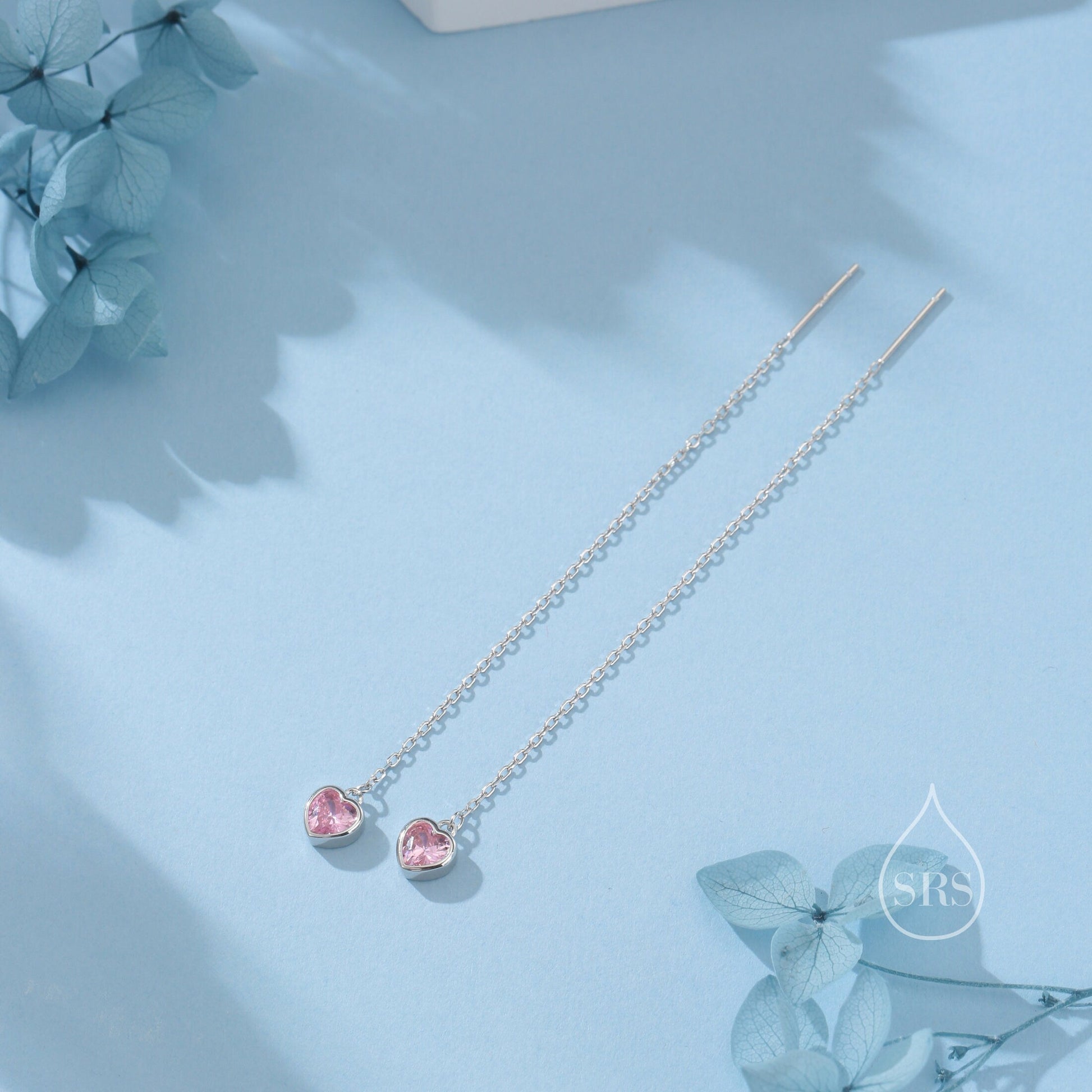 Tiny Pink CZ Heart Threader Earrings in Sterling Silver, 9cm, Silver or Gold, Dainty Heart Ear Threaders, Delicate Heart Threaders