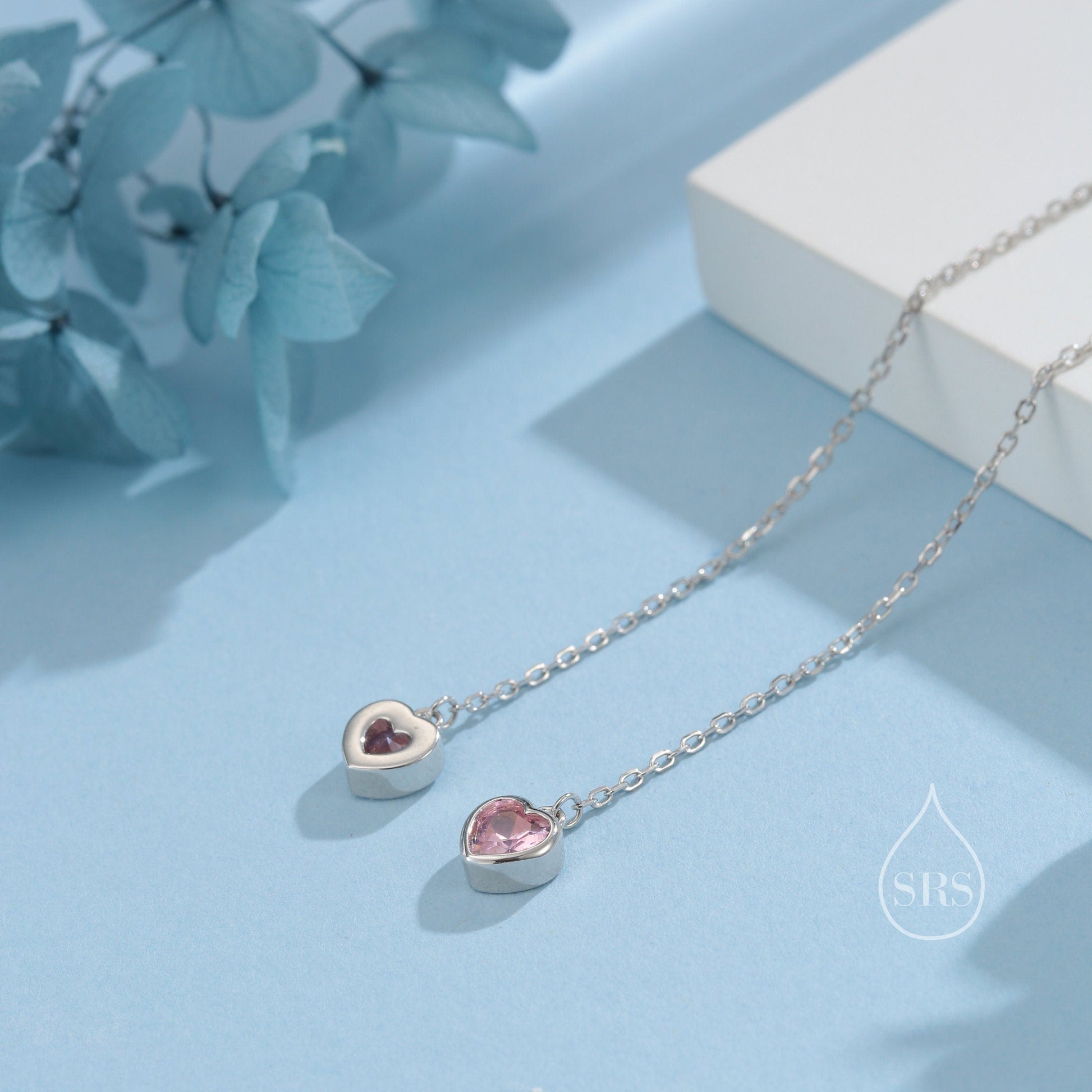 Tiny Pink CZ Heart Threader Earrings in Sterling Silver, 9cm, Silver or Gold, Dainty Heart Ear Threaders, Delicate Heart Threaders