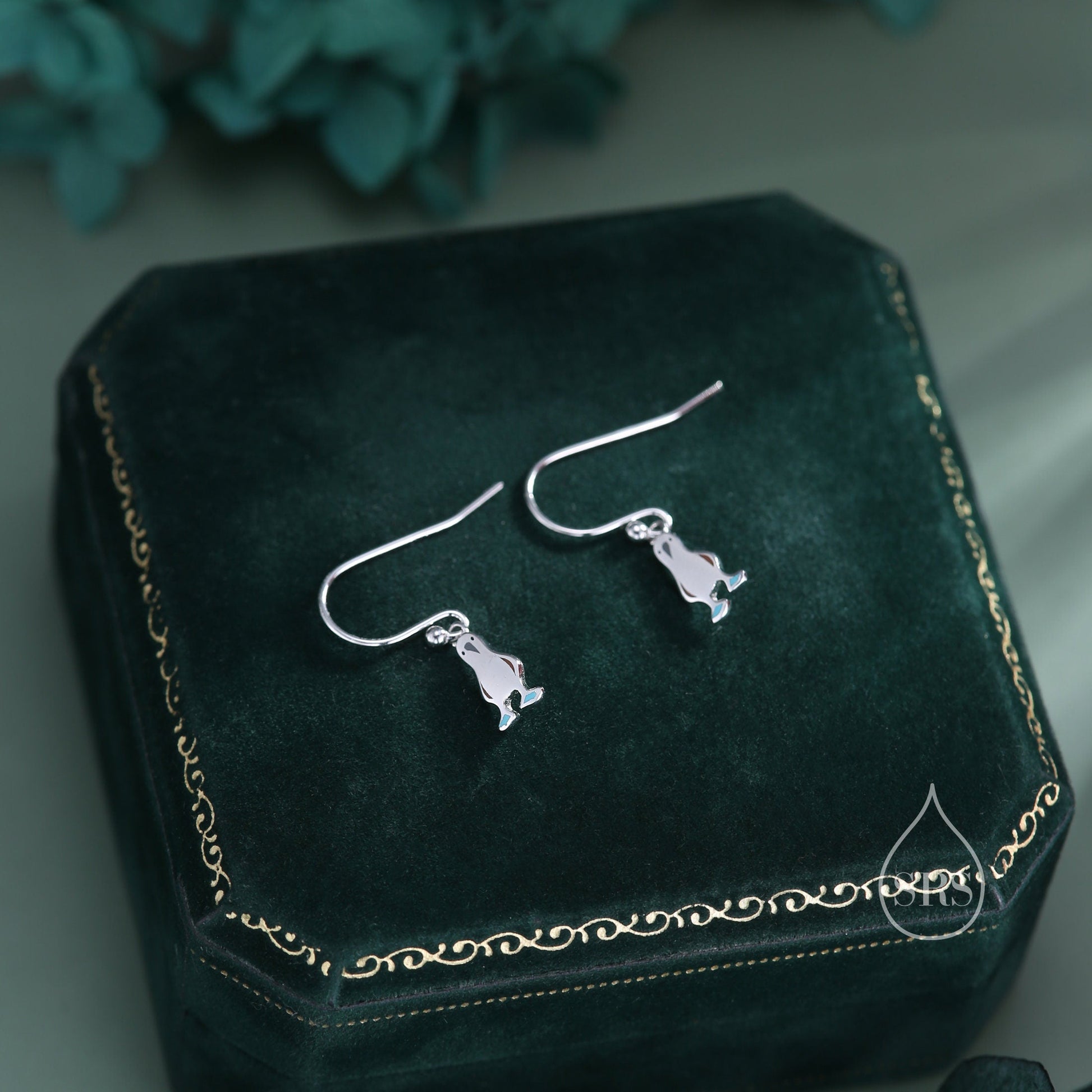 Sterling Silver Blue Footed Boobie Drop Hook Earrings, Tiny Blue-Footed Boobie Bird Dangle Earrings, Cute, Fun and Quirky Bird Jewellery