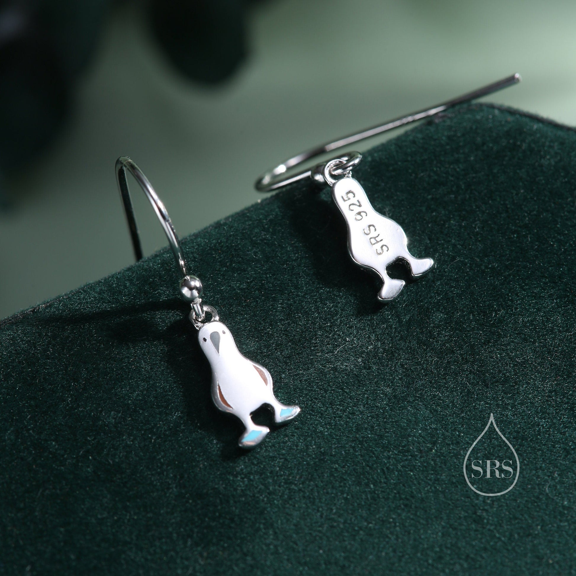 Sterling Silver Blue Footed Boobie Drop Hook Earrings, Tiny Blue-Footed Boobie Bird Dangle Earrings, Cute, Fun and Quirky Bird Jewellery
