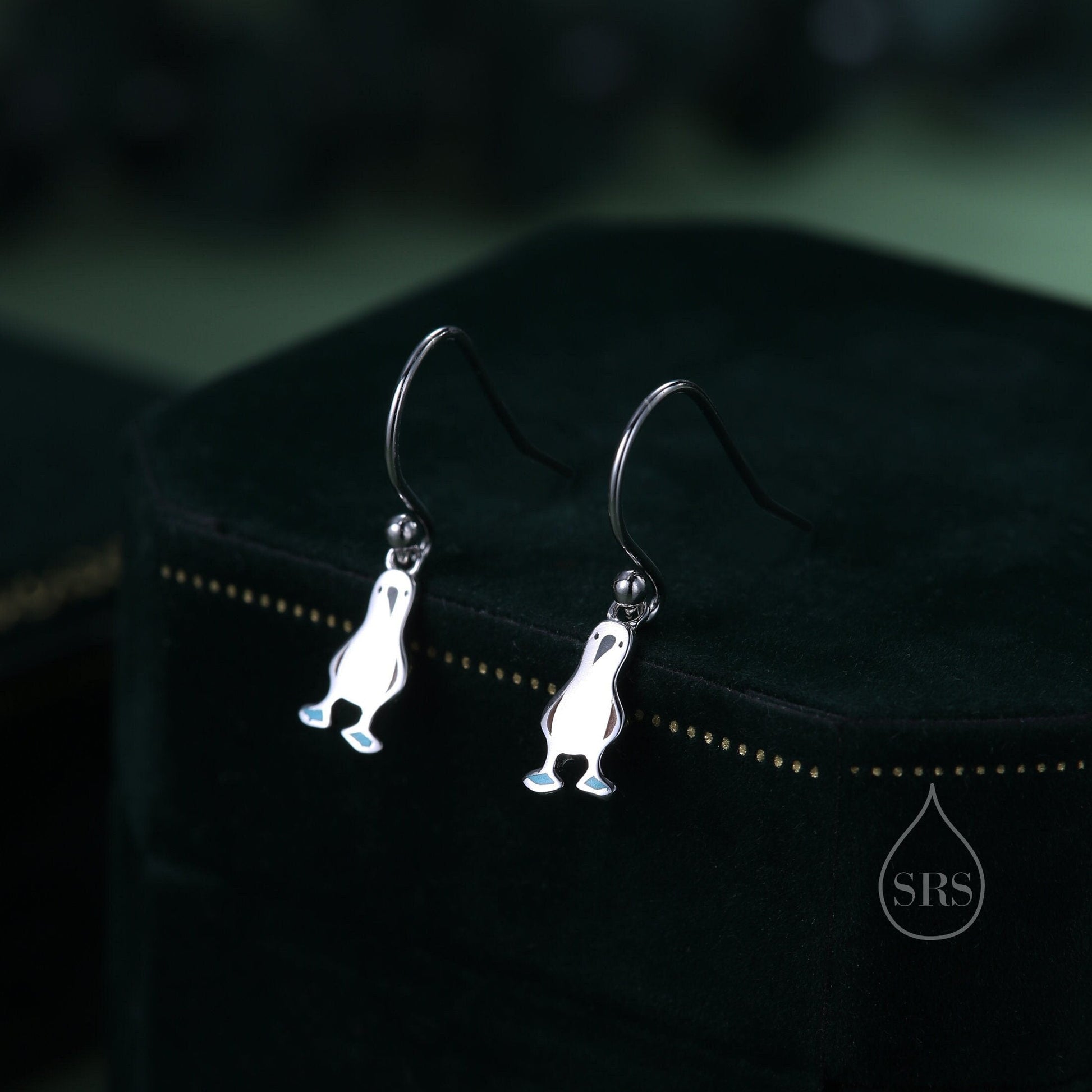Sterling Silver Blue Footed Boobie Drop Hook Earrings, Tiny Blue-Footed Boobie Bird Dangle Earrings, Cute, Fun and Quirky Bird Jewellery