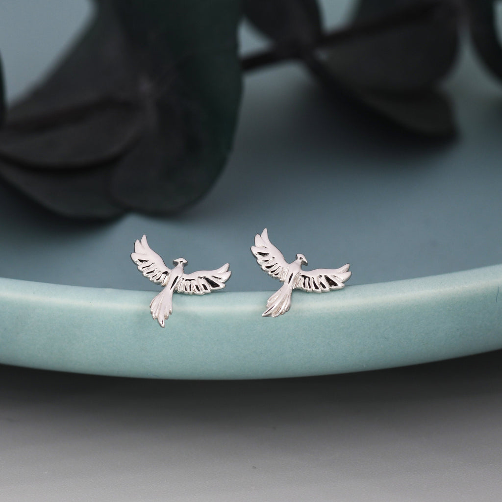Sterling Silver Phoenix Bird Stud Earrings,  Silver, Gold or Rose Gold,  Dainty Phoenix Earrings