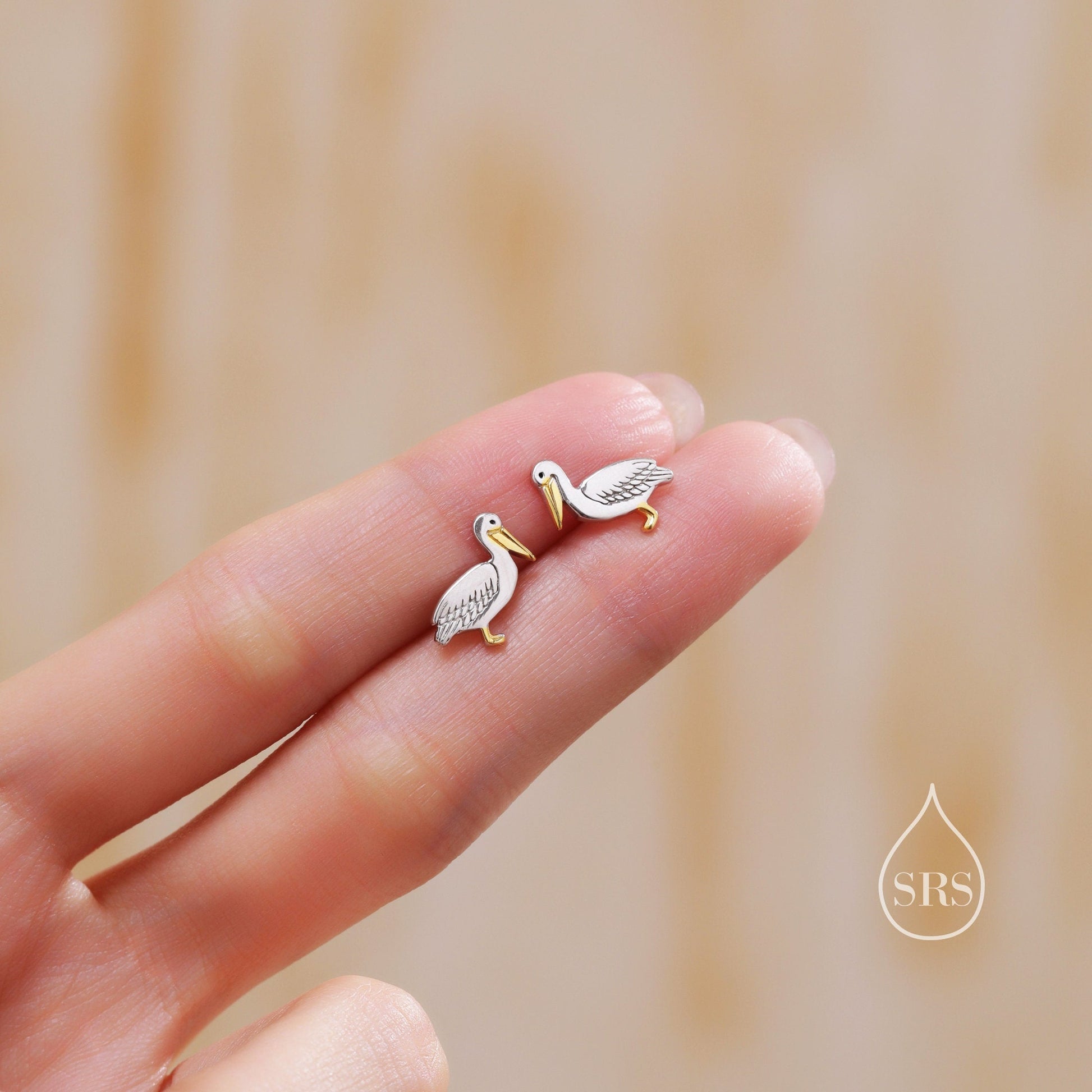 Pelican Bird Stud Earrings in Sterling Silver, Partial Gold Plate, Nature Inspired Animal Earrings, Pelican Earrings, Bird Earrings
