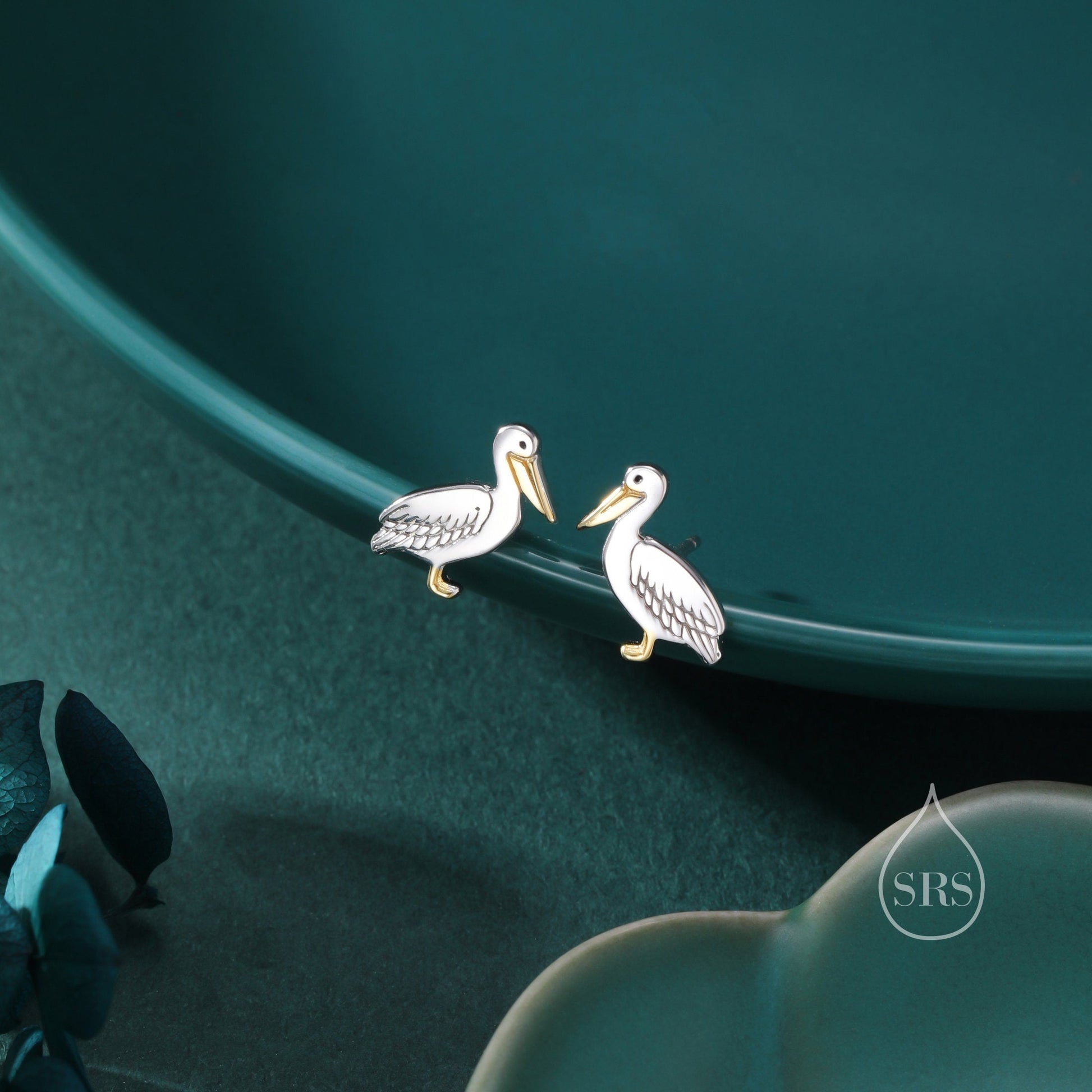 Pelican Bird Stud Earrings in Sterling Silver, Partial Gold Plate, Nature Inspired Animal Earrings, Pelican Earrings, Bird Earrings