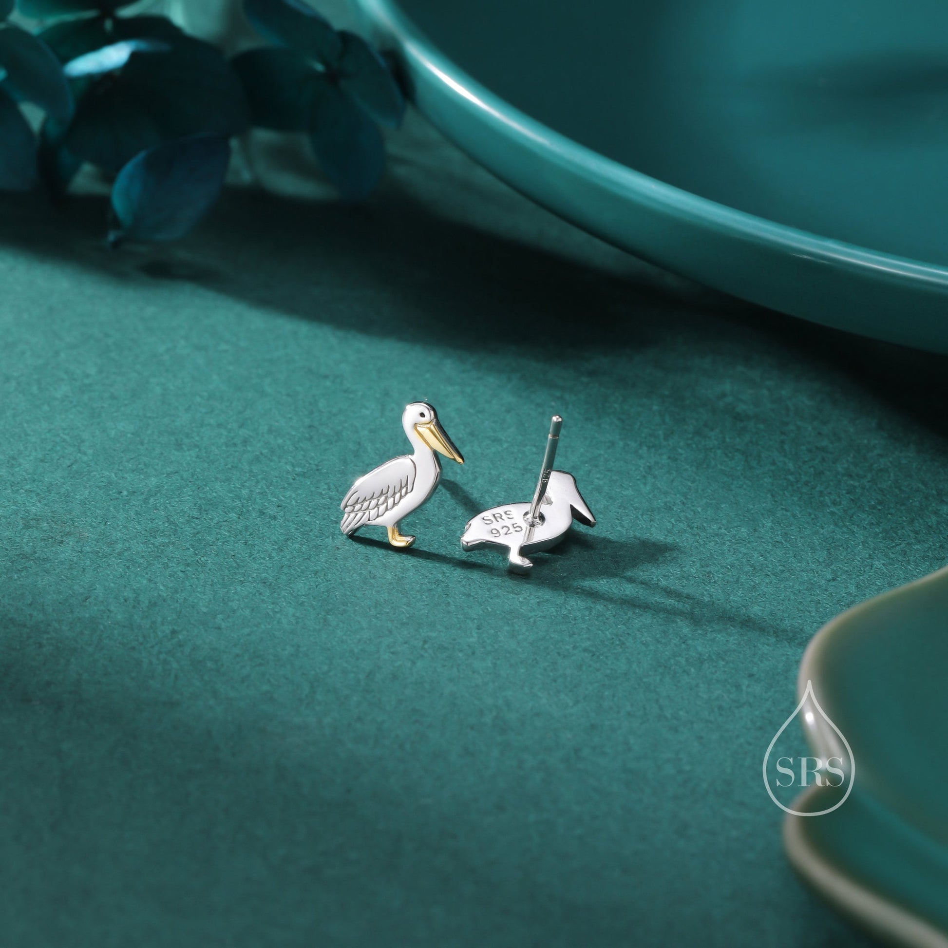 Pelican Bird Stud Earrings in Sterling Silver, Partial Gold Plate, Nature Inspired Animal Earrings, Pelican Earrings, Bird Earrings