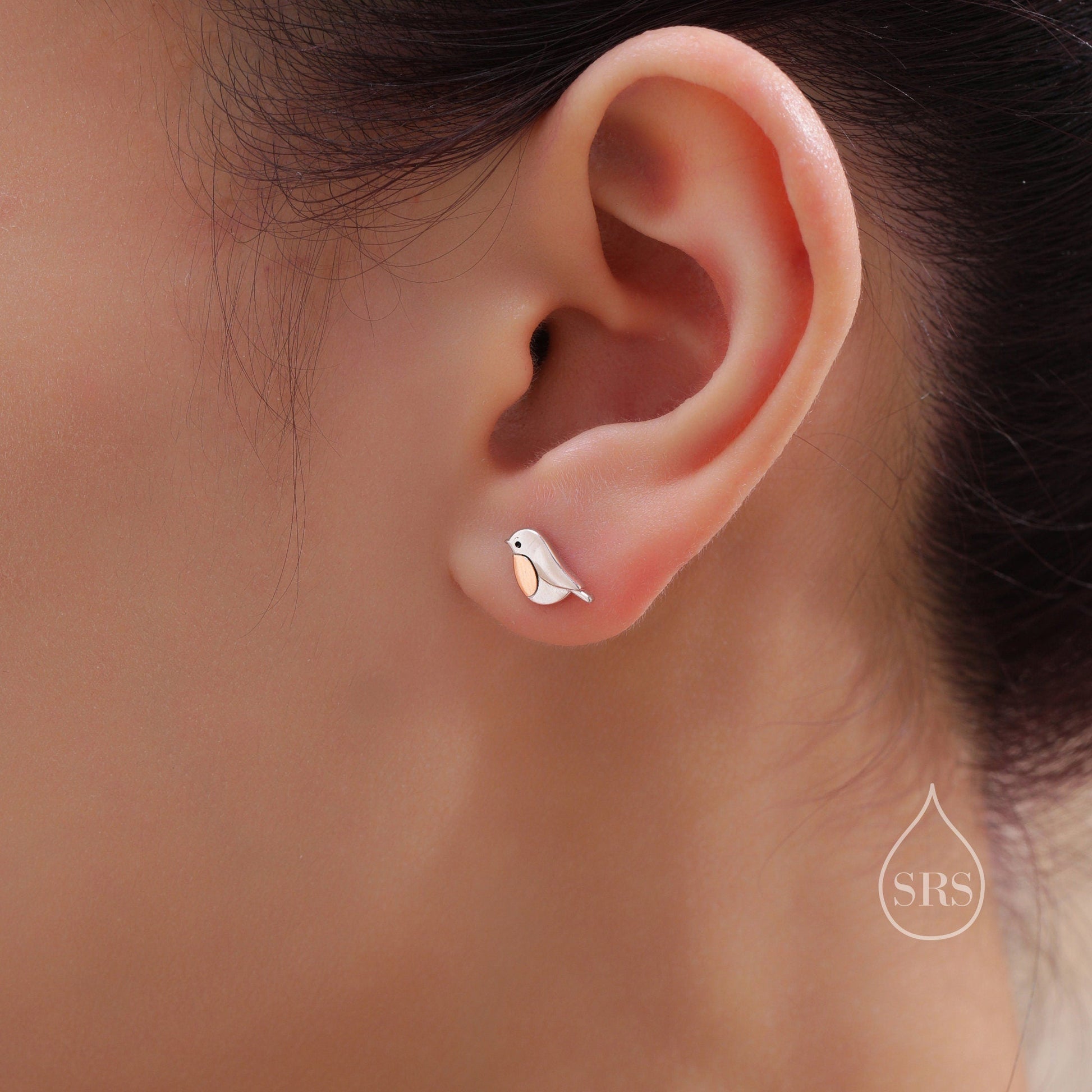 Baby Robin Bird Stud Earrings in Sterling Silver with Two Tone Finish - Partial Rose Gold Coating, British Garden Bird Earrings