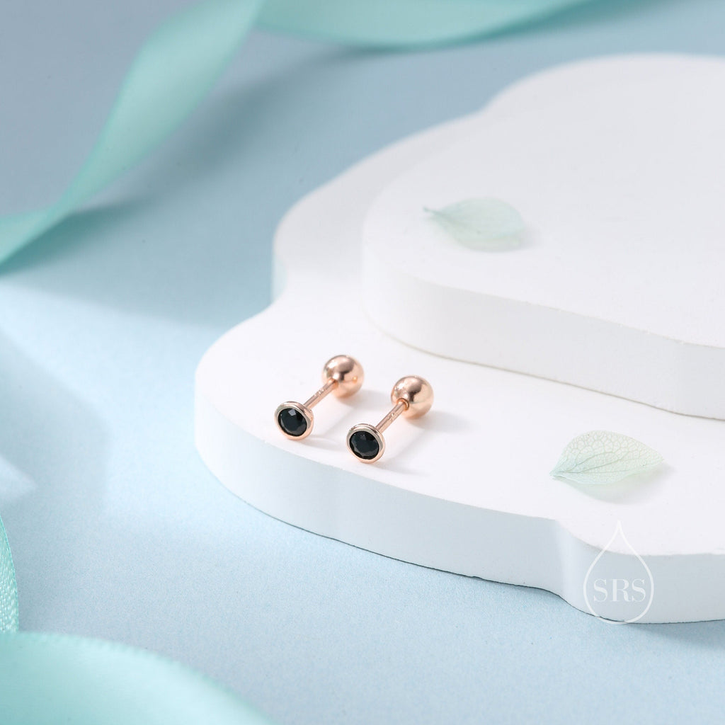 Black CZ Bezel  Internally Threaded Flat Back / Screw Back Earrings in Sterling Silver, Silver or Gold or Rose Gold, CZ Barbell Earrings