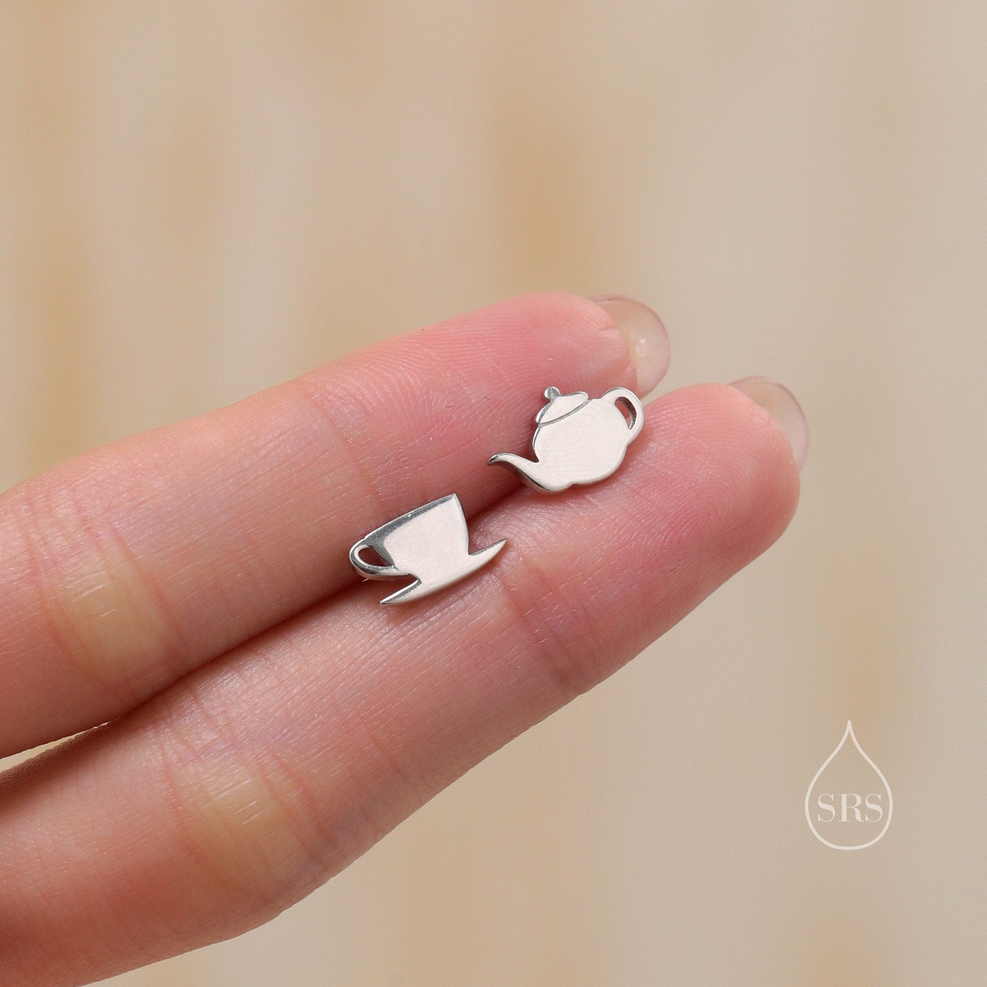 Mismatched Teapot and Tea Stud Earrings in Sterling Silver, Silver or Gold or Rose Gold,  Asymmetric Teacup Earrings,