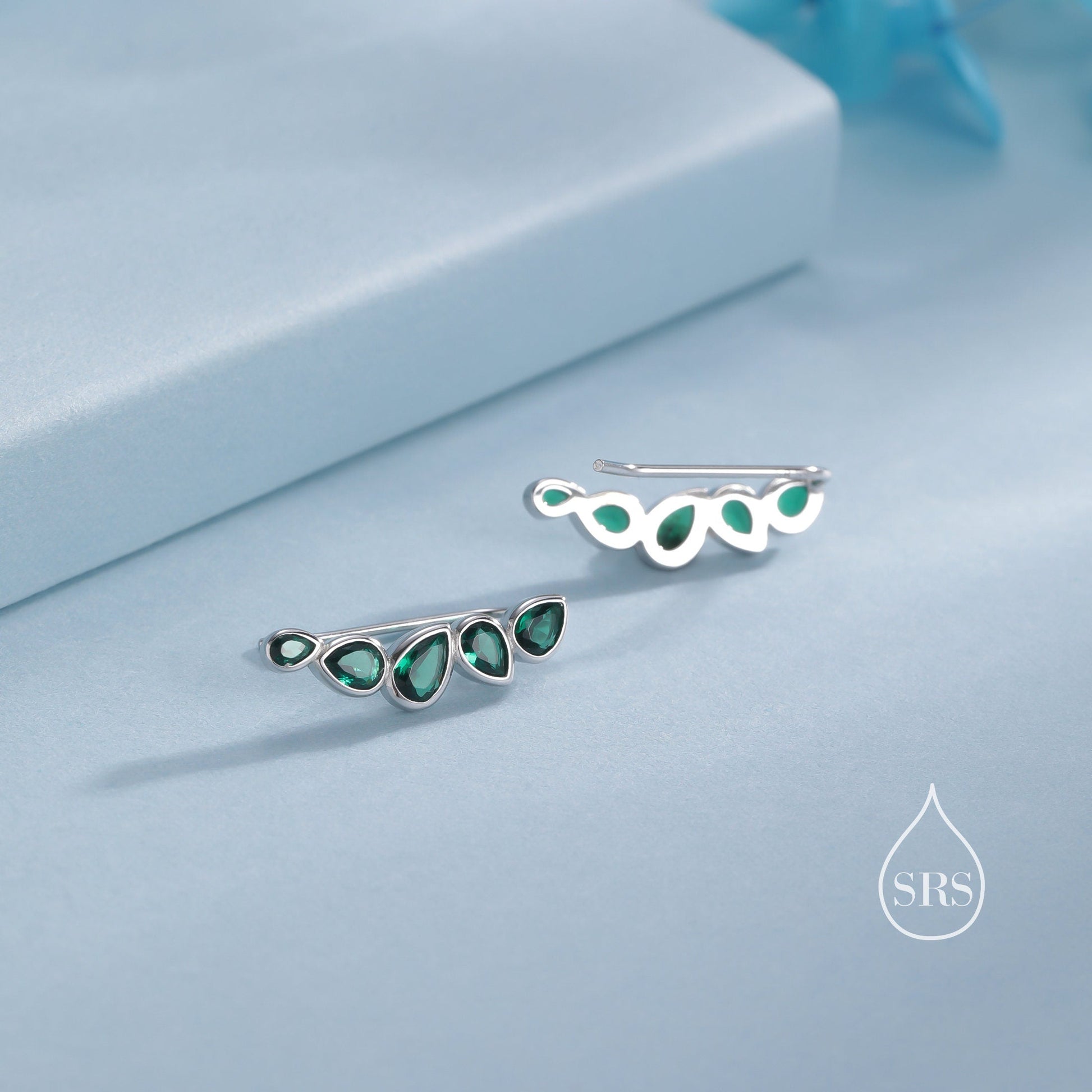 Emerald Green Droplet CZ Cluster Crawler Earrings in Sterling Silver, Silver or Gold,  Pear CZ Cluster Crawler, Cluster Earrings