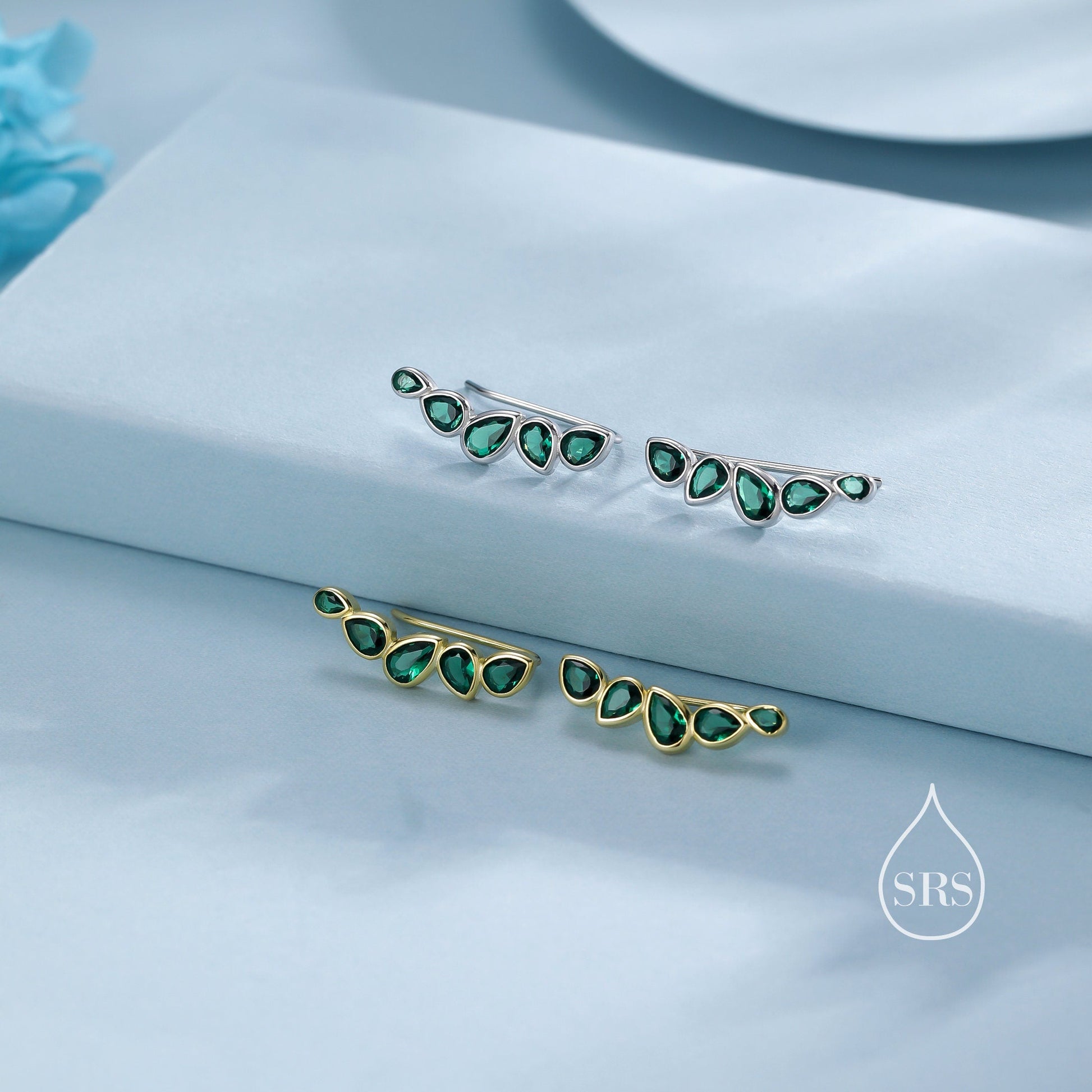 Emerald Green Droplet CZ Cluster Crawler Earrings in Sterling Silver, Silver or Gold,  Pear CZ Cluster Crawler, Cluster Earrings