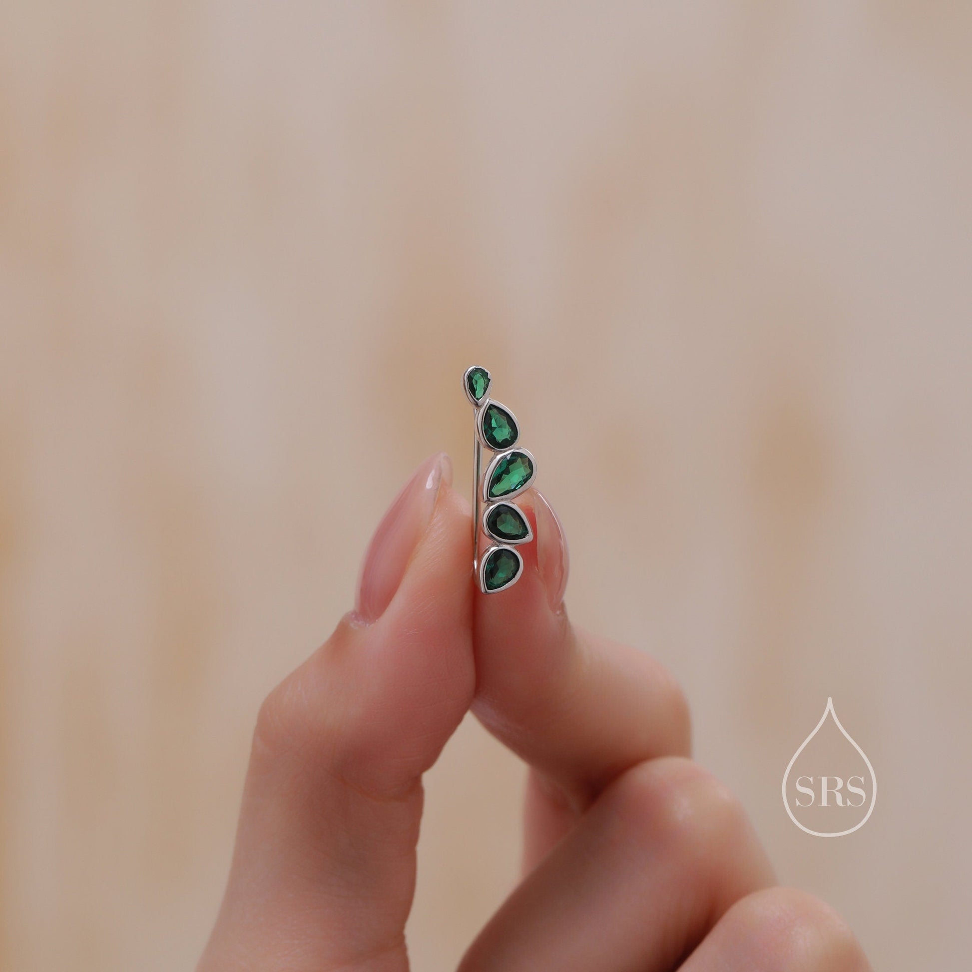 Emerald Green Droplet CZ Cluster Crawler Earrings in Sterling Silver, Silver or Gold,  Pear CZ Cluster Crawler, Cluster Earrings