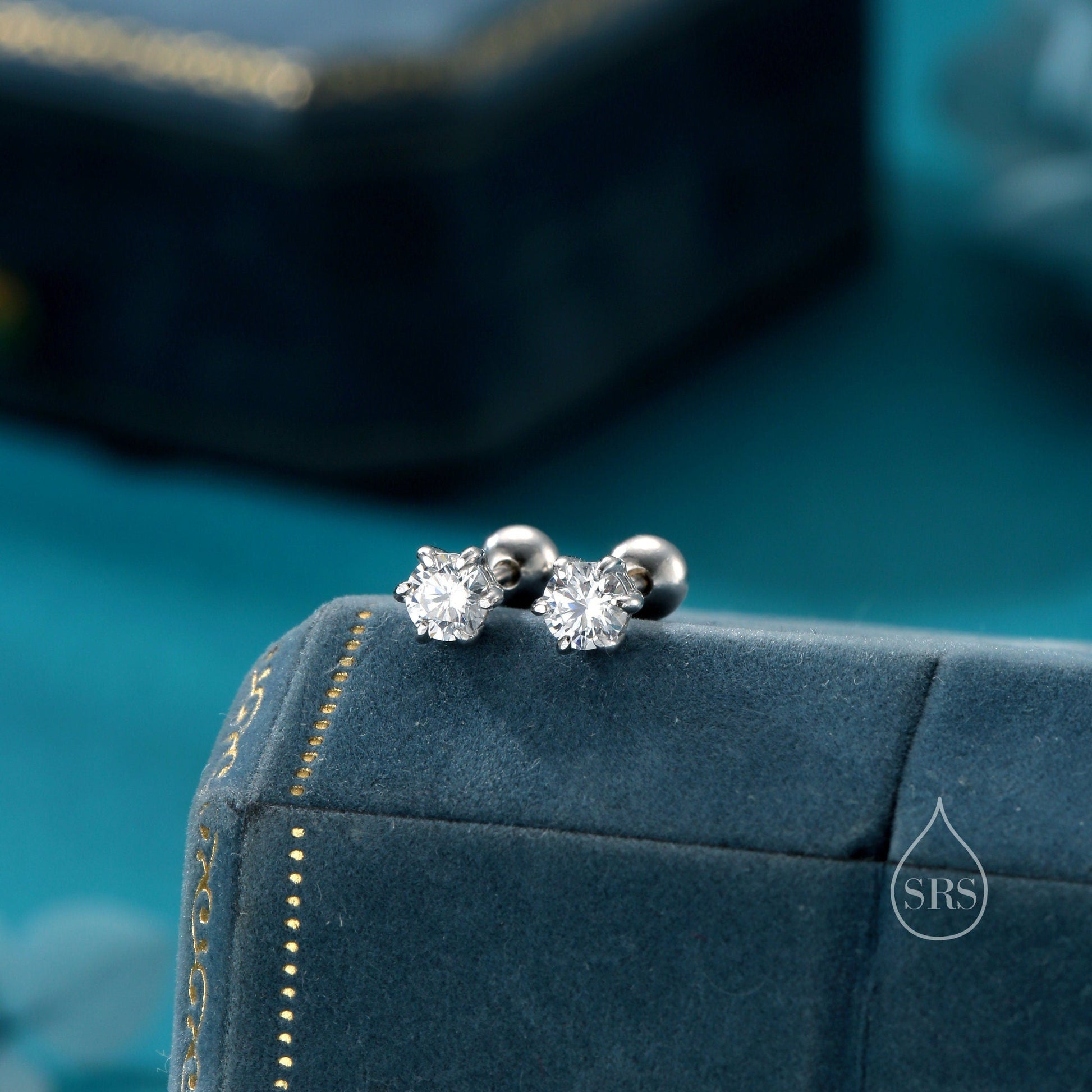 Brilliant Cut 3mm CZ Internally Threaded Flat Back, Screw Back Earrings in Sterling Silver, Silver, Gold or Rose Gold, Six Prong CZ Earrings