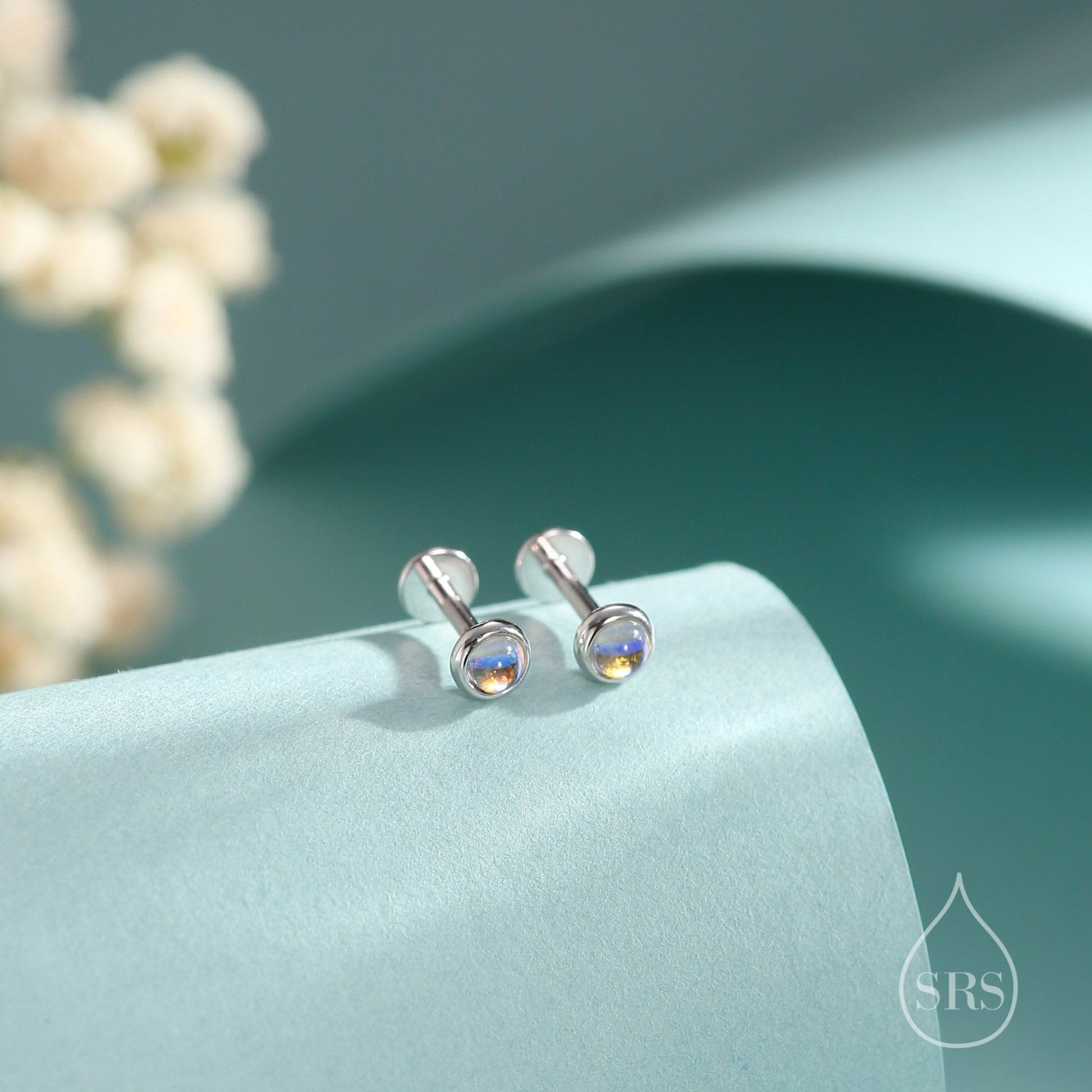 Internally Threaded Tiny Moonstone Flat Back Earrings in Sterling Silver, Lab Moonstone Earrings, Piercing Jewellery