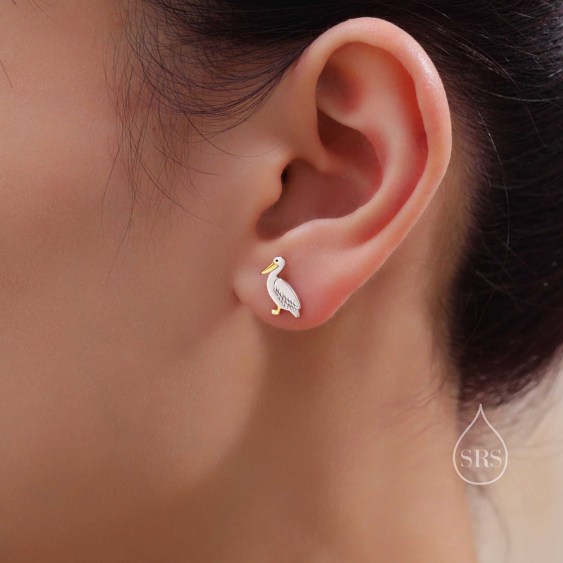 Pelican Bird Stud Earrings in Sterling Silver, Partial Gold Plate, Nature Inspired Animal Earrings, Pelican Earrings, Bird Earrings
