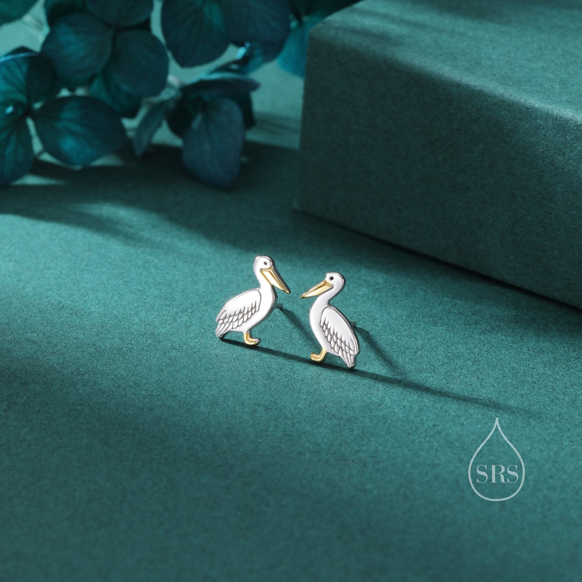Pelican Bird Stud Earrings in Sterling Silver, Partial Gold Plate, Nature Inspired Animal Earrings, Pelican Earrings, Bird Earrings