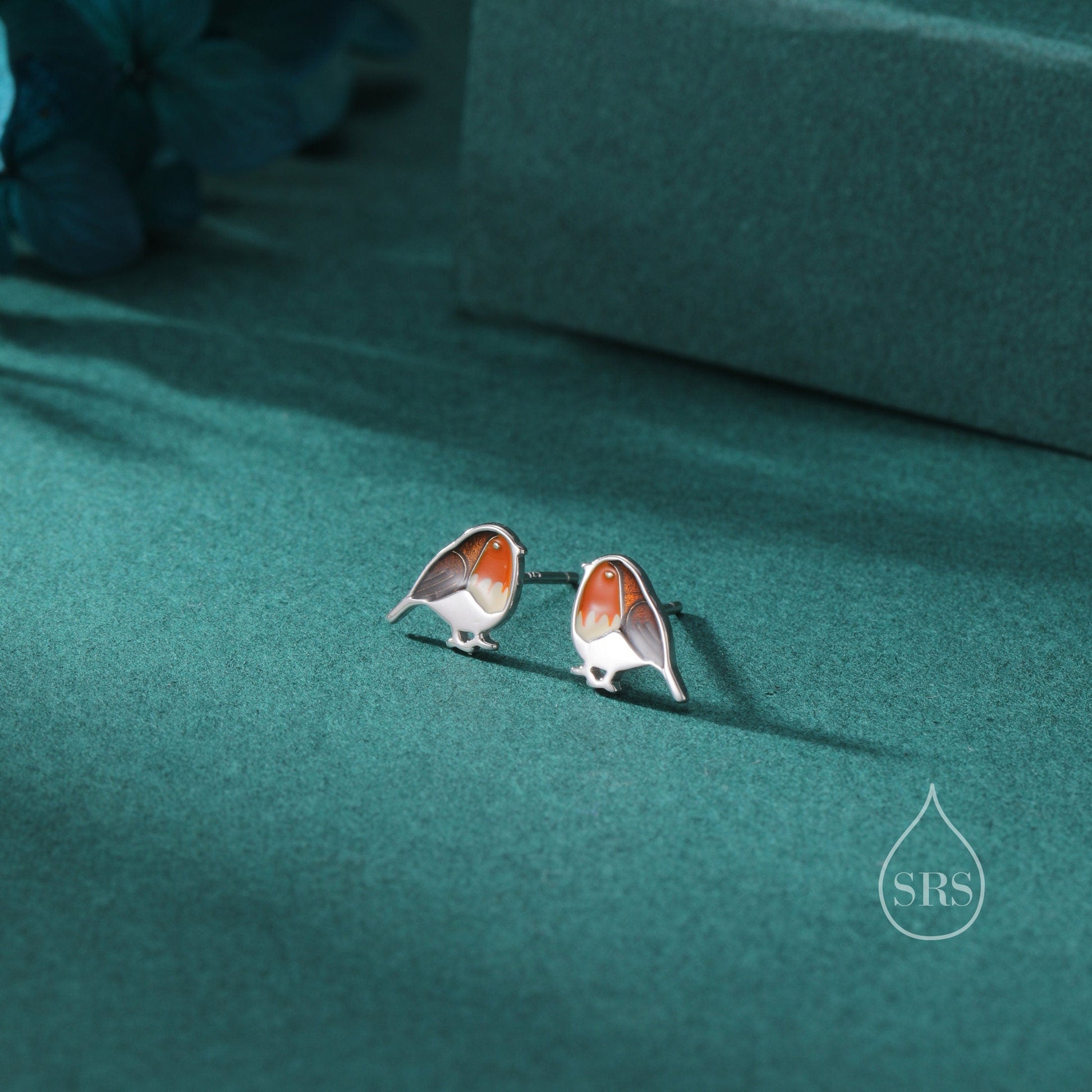 Hand Painted Robin Bird Stud Earrings in Sterling Silver,  British Bird Earrings, Nature Inspired Animal Earrings