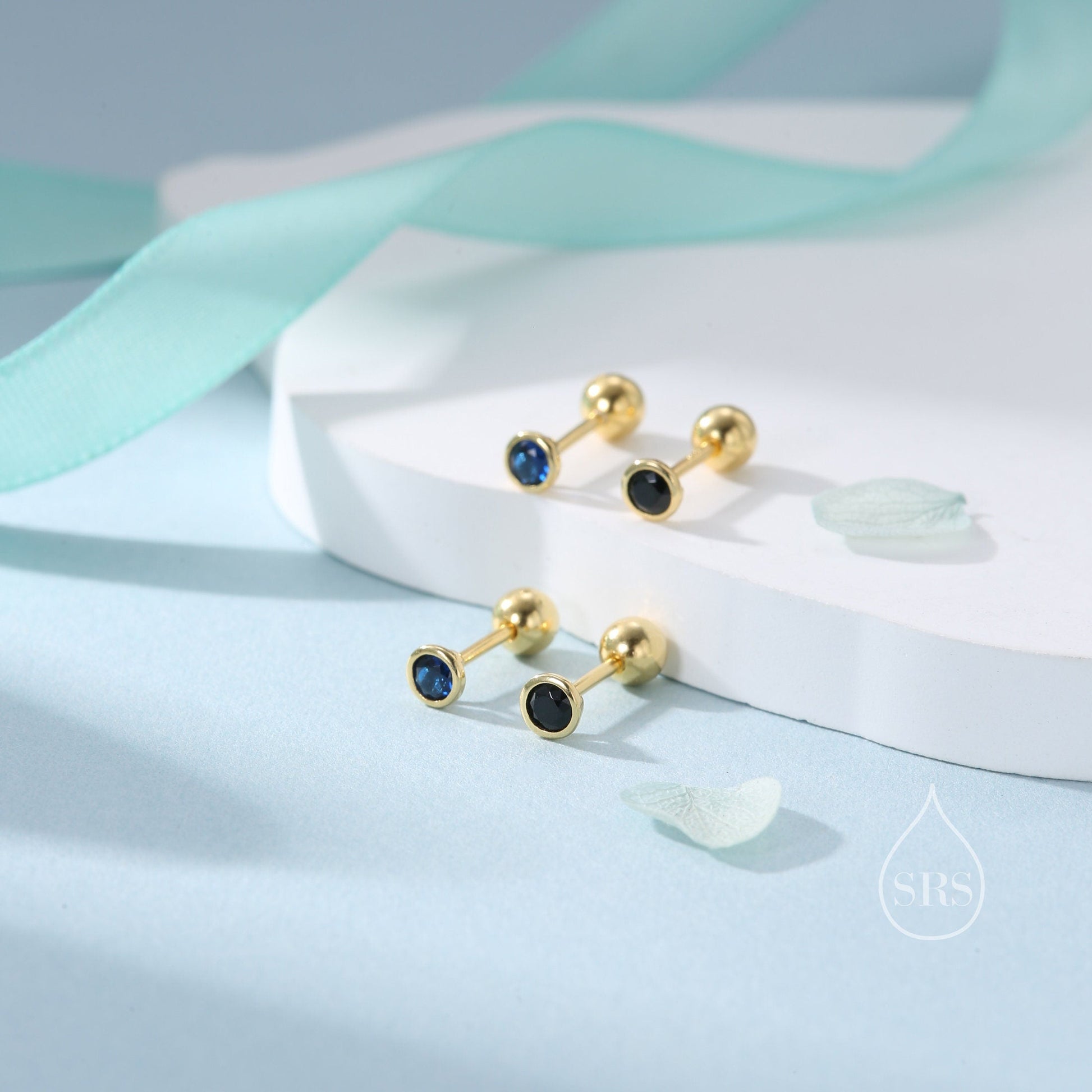 Black CZ Bezel  Internally Threaded Flat Back / Screw Back Earrings in Sterling Silver, Silver or Gold or Rose Gold, CZ Barbell Earrings
