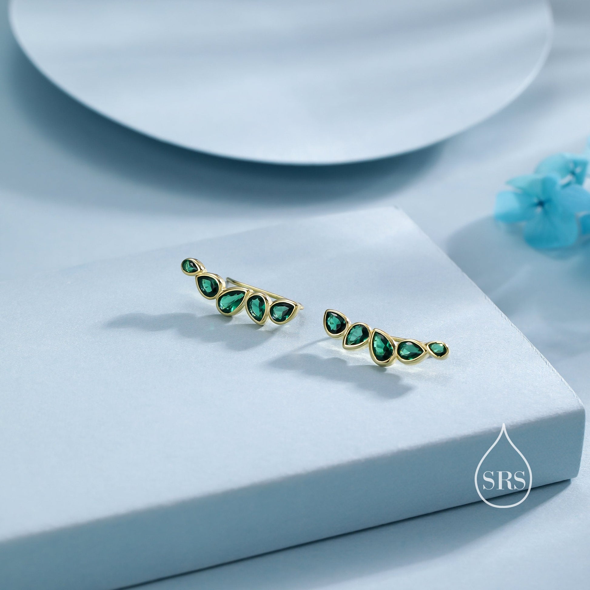 Emerald Green Droplet CZ Cluster Crawler Earrings in Sterling Silver, Silver or Gold,  Pear CZ Cluster Crawler, Cluster Earrings