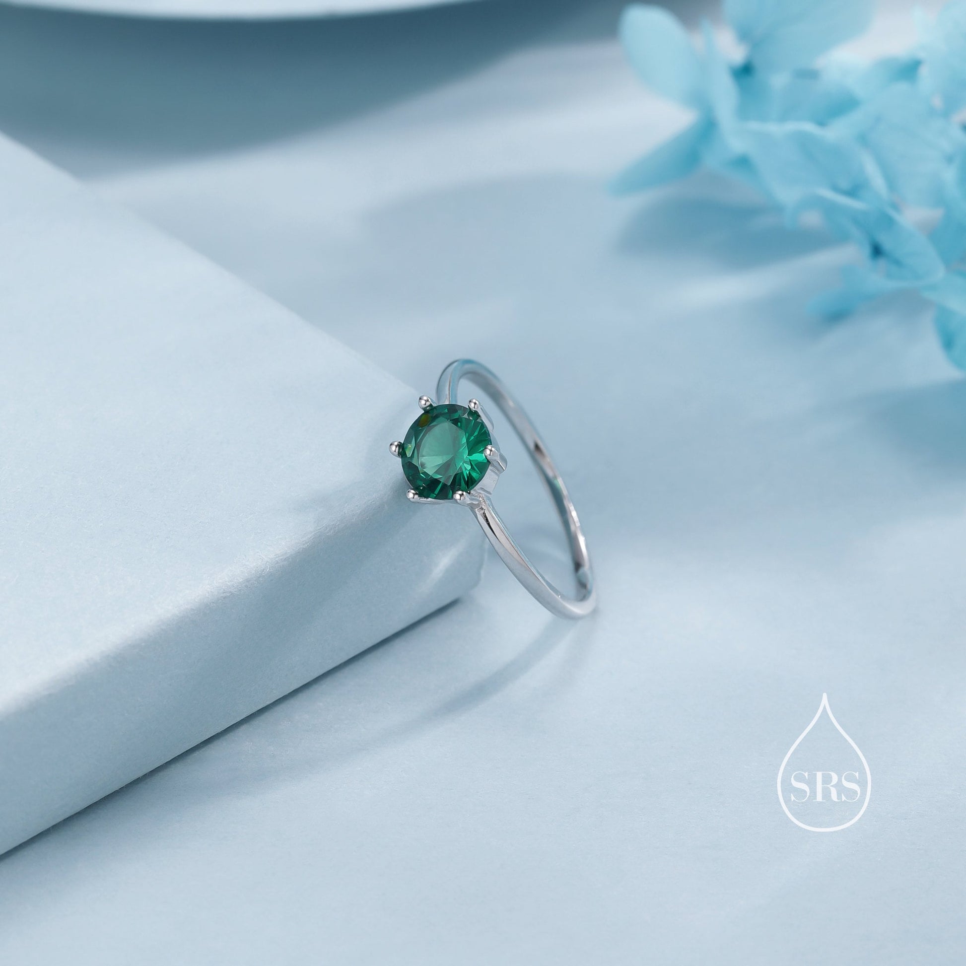 1 Carat Emerald Green CZ Ring in Sterling Silver, 6mm Green Zircon Ring, US Size 5-8, Six Prong Ring, May Birthstone