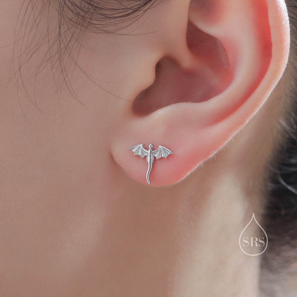 Extra Tiny Mismatched Dragon and Phoenix Stud Earrings in Sterling Silver, Silver or Gold, Asymmetric Phoenix and Dragon Stud Earrings