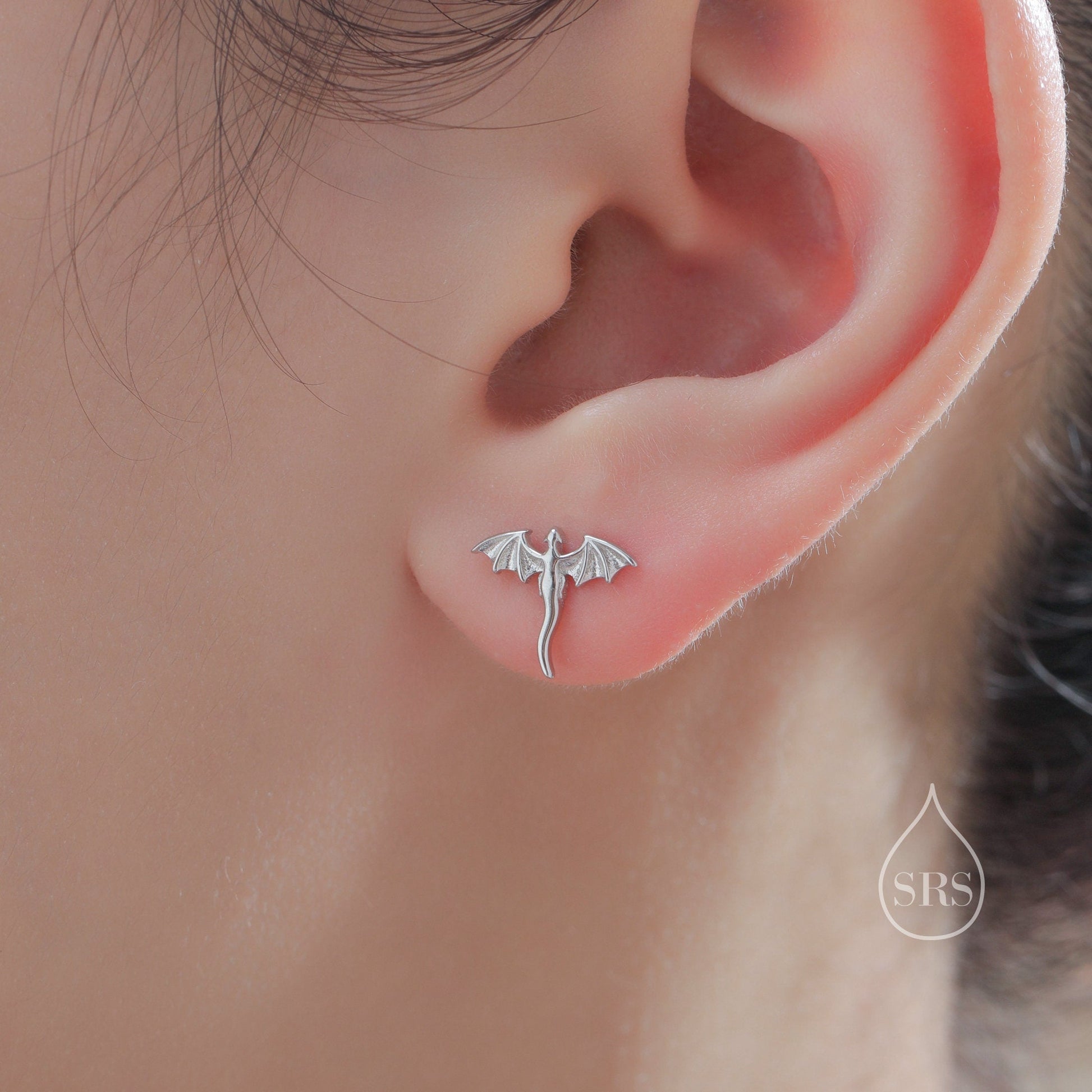 Extra Tiny Mismatched Dragon and Phoenix Stud Earrings in Sterling Silver, Silver or Gold, Asymmetric Phoenix and Dragon Stud Earrings