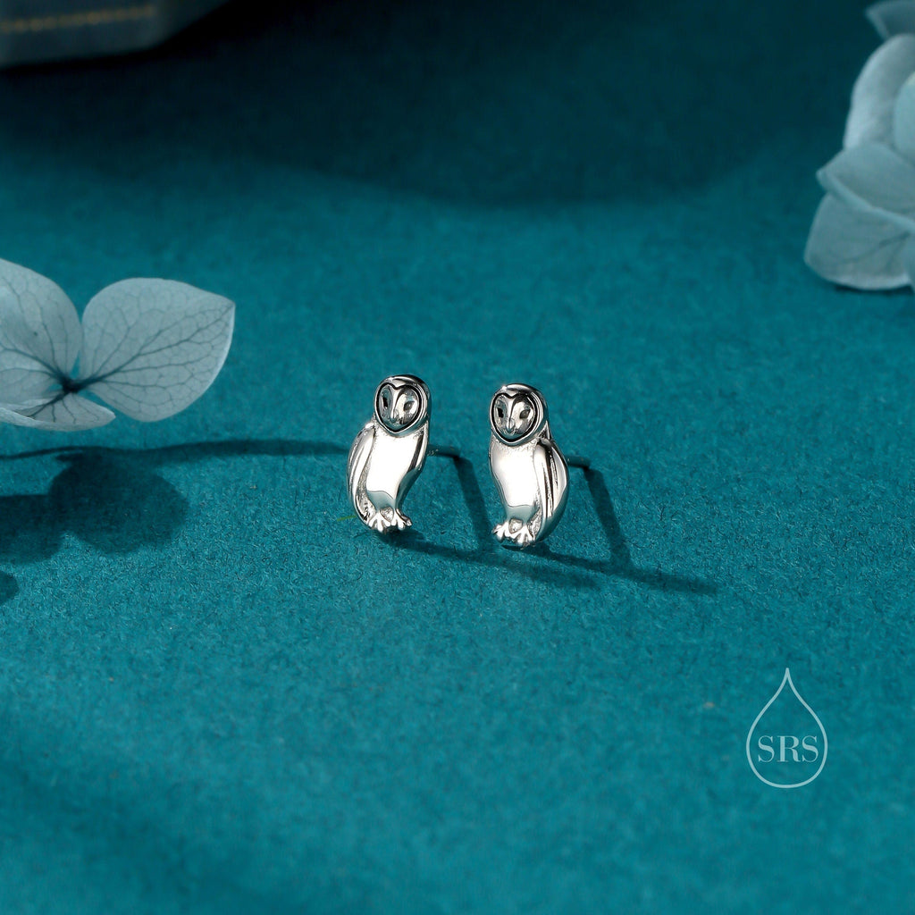 Barn Owl Stud Earrings in Sterling Silver, Gold and Rose Gold. Owl Bird Earrings,  Nature Inspired Animal Earrings