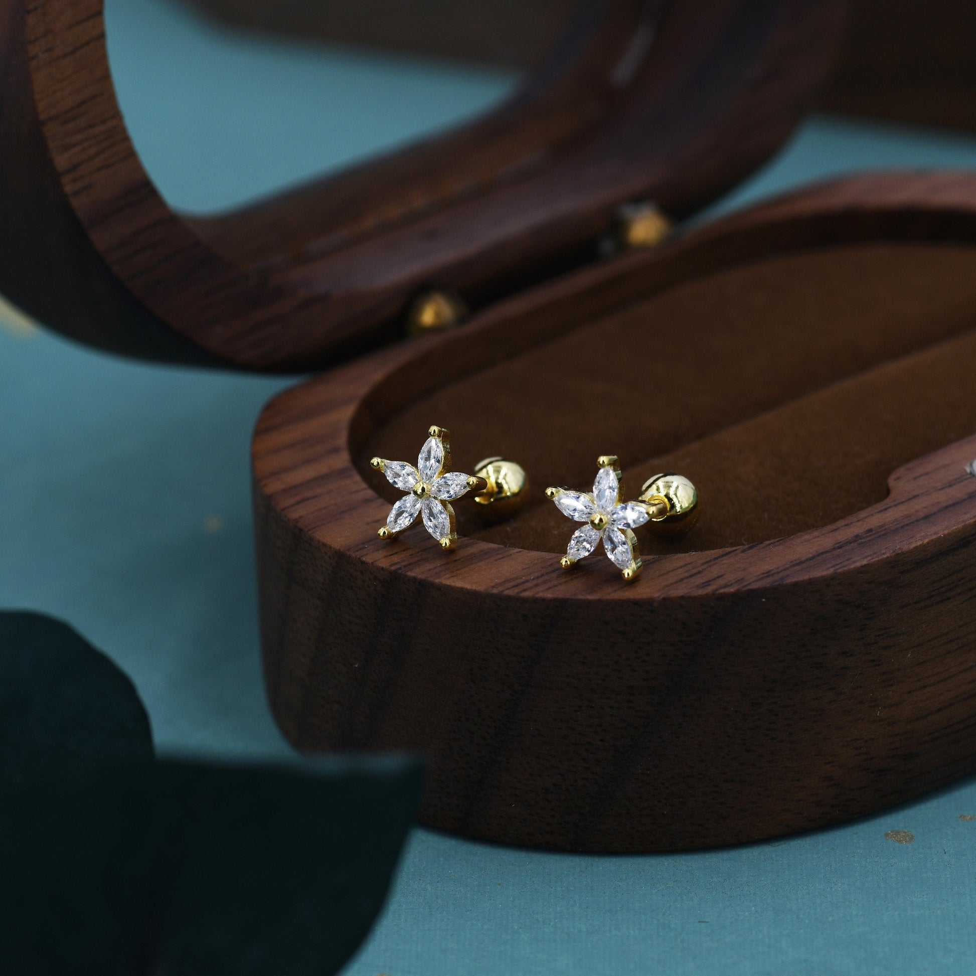 Sterling Silver CZ Flower Internally Threaded Flat Back /Screw Back Earrings,  Gold or Silver or Rose Gold, Marquise CZ Screw Back Earrings