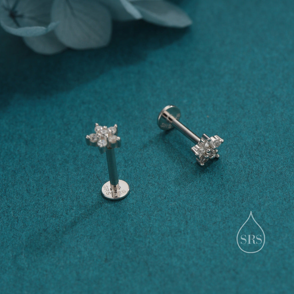 Tiny Flower CZ Internally Threaded Flat Back/ Screw Back Earrings in Sterling Silver, Forget Me Not Floral CZ Earrings, Silver or Gold