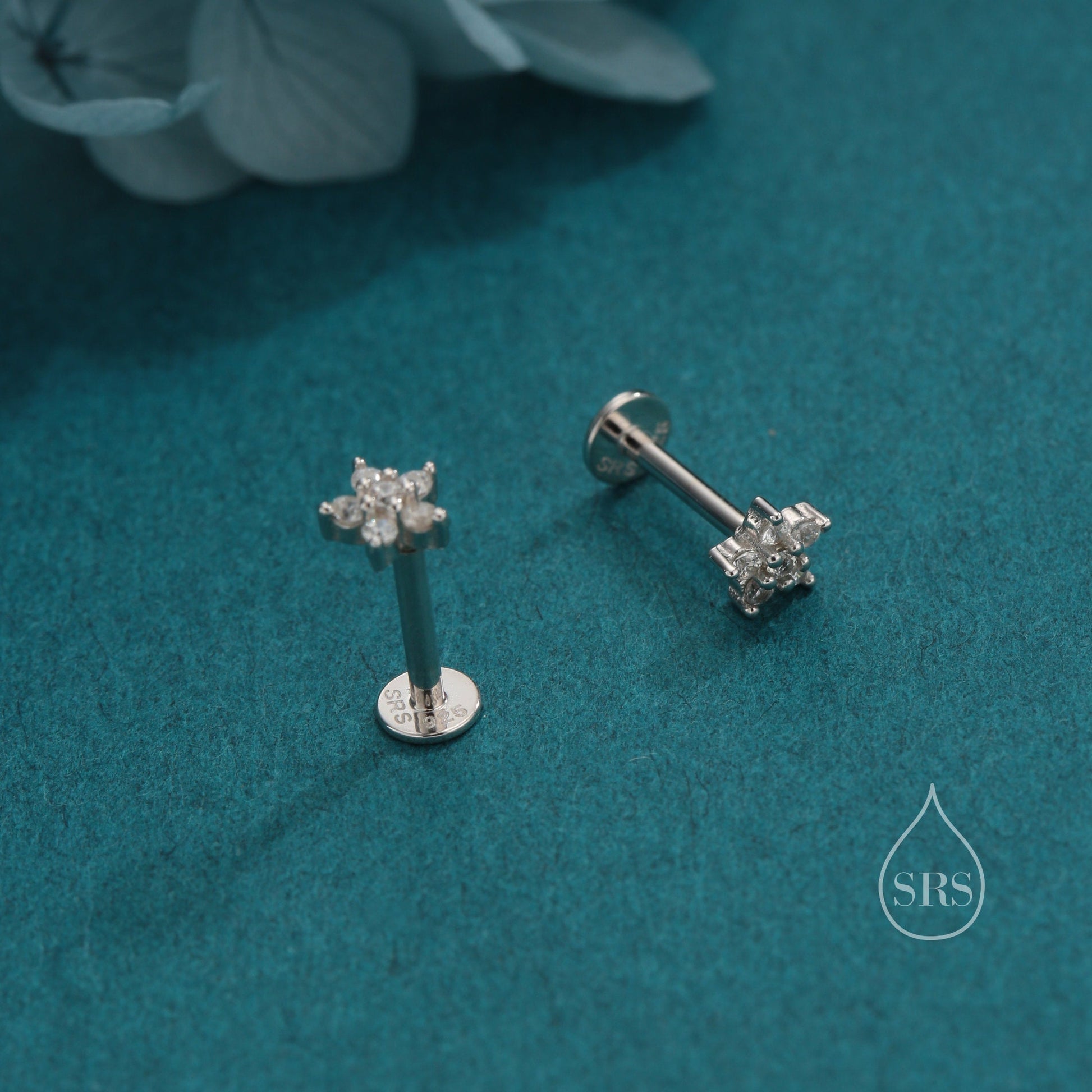 Tiny Flower CZ Internally Threaded Flat Back/ Screw Back Earrings in Sterling Silver, Forget Me Not Floral CZ Earrings, Silver or Gold