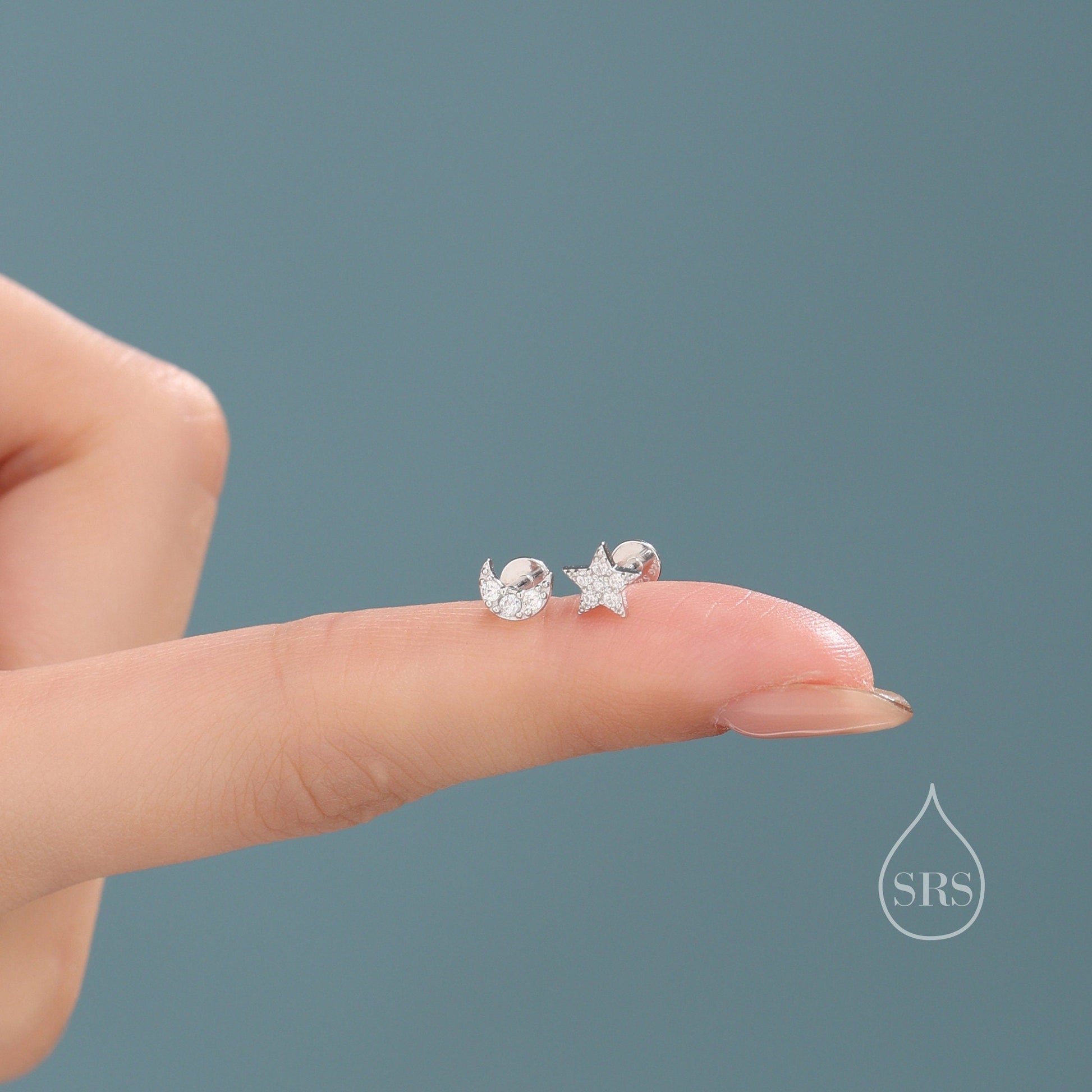 Tiny Mismatched Moon and Star Internally Threaded Flat Back/Screw back(Barbell)/ Stud Earrings in Sterling Silver, Piercing Jewellery