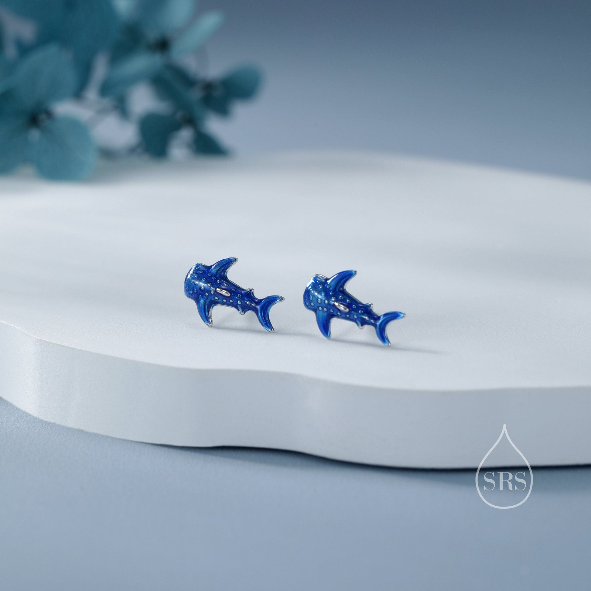 Very Tiny Whale Shark Stud Earrings in Sterling Silver with Hand Painted Enamel, Cute Whale Shark Earrings