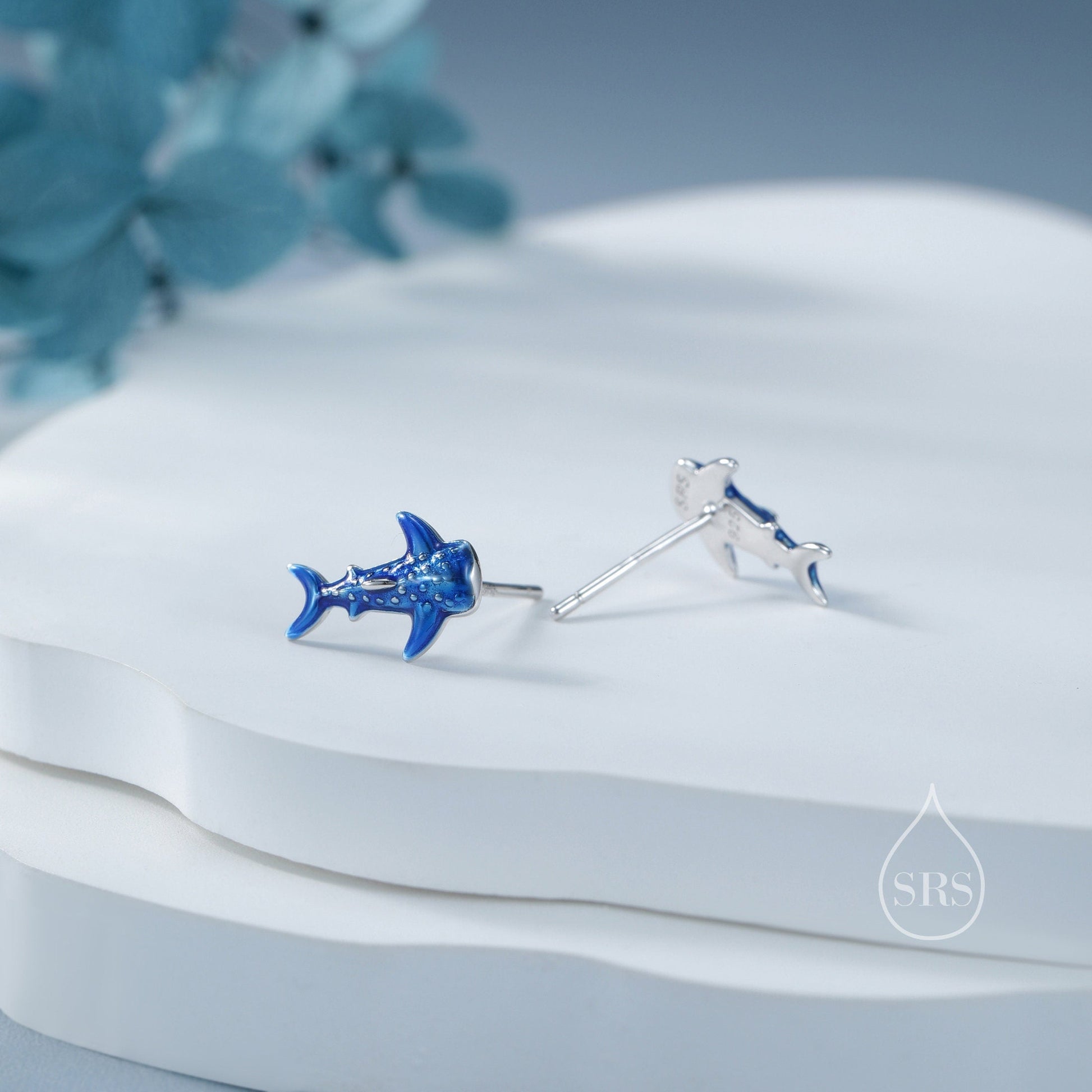 Very Tiny Whale Shark Stud Earrings in Sterling Silver with Hand Painted Enamel, Cute Whale Shark Earrings