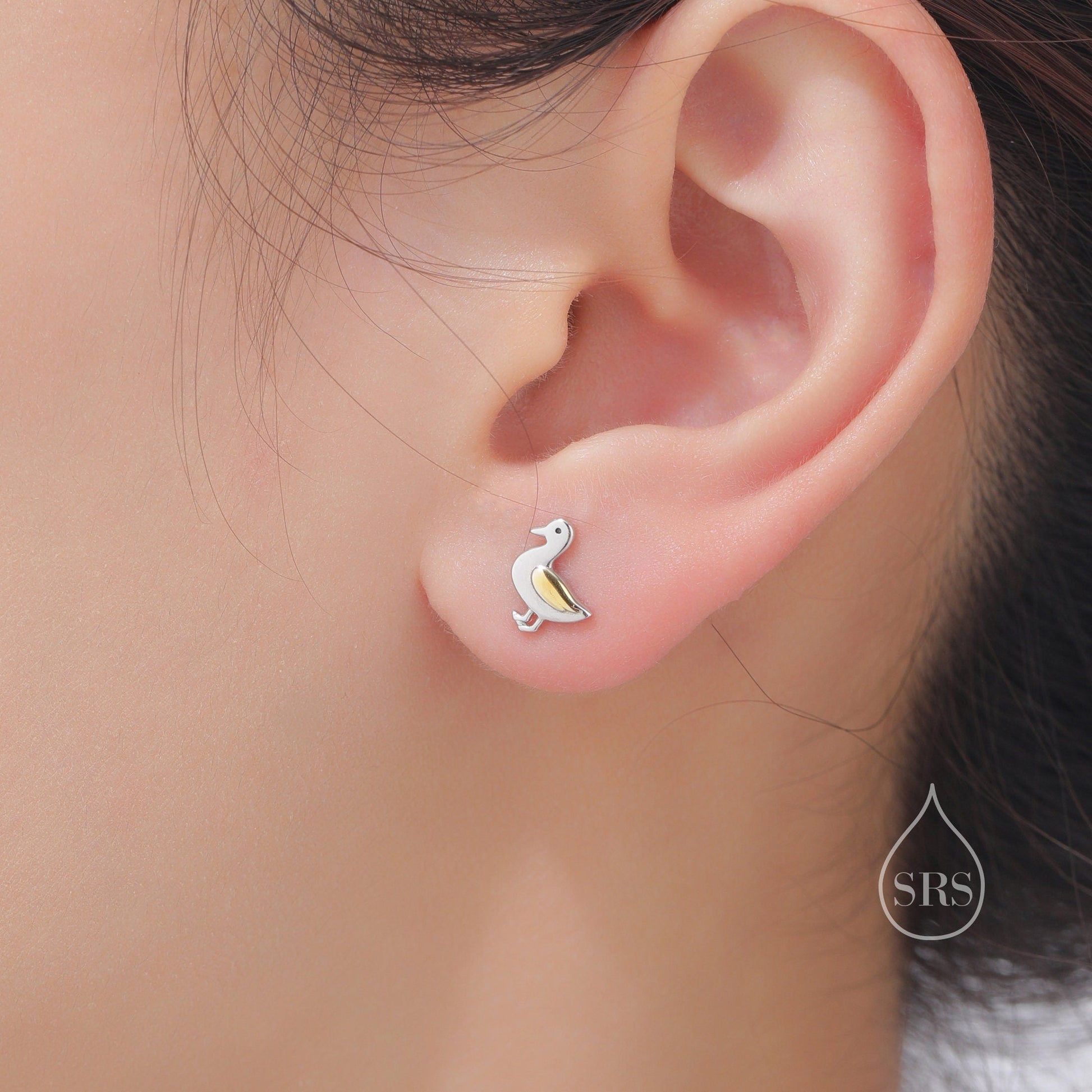 Cute Duck Stud Earrings in Sterling Silver, Bird Earrings, Two Tone Duck Earrings, Cute Duck Earrings