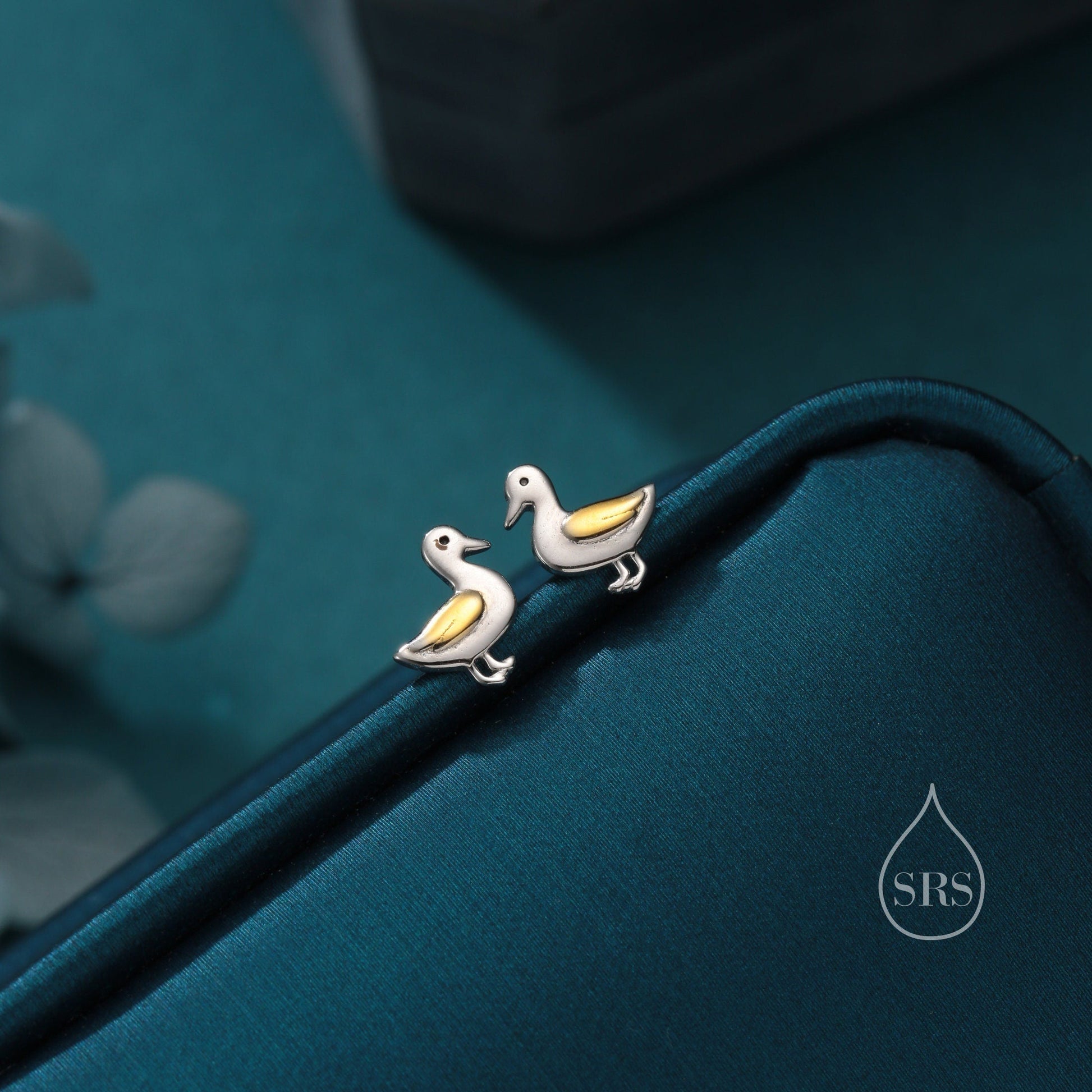 Cute Duck Stud Earrings in Sterling Silver, Bird Earrings, Two Tone Duck Earrings, Cute Duck Earrings