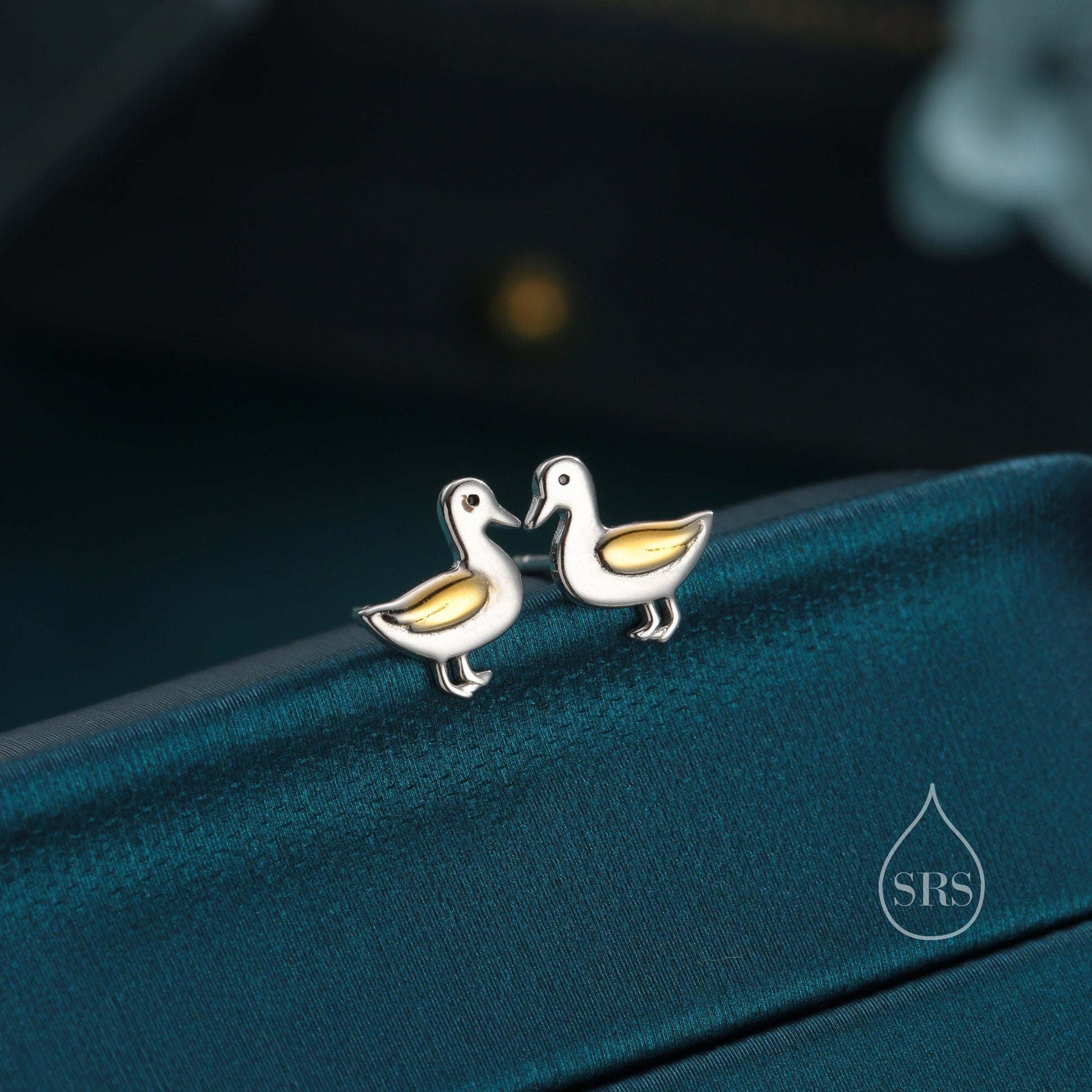 Cute Duck Stud Earrings in Sterling Silver, Bird Earrings, Two Tone Duck Earrings, Cute Duck Earrings